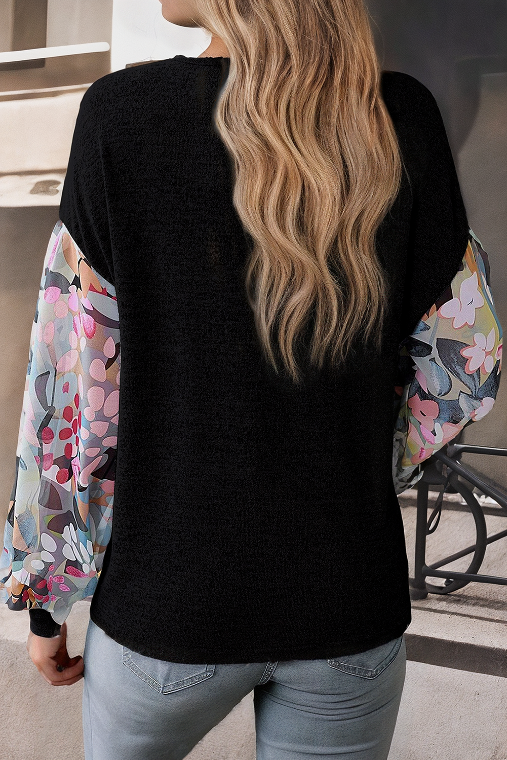 Little Daisy Closet - Floral Lantern Sleeve Patchwork Buttoned V Neck Top