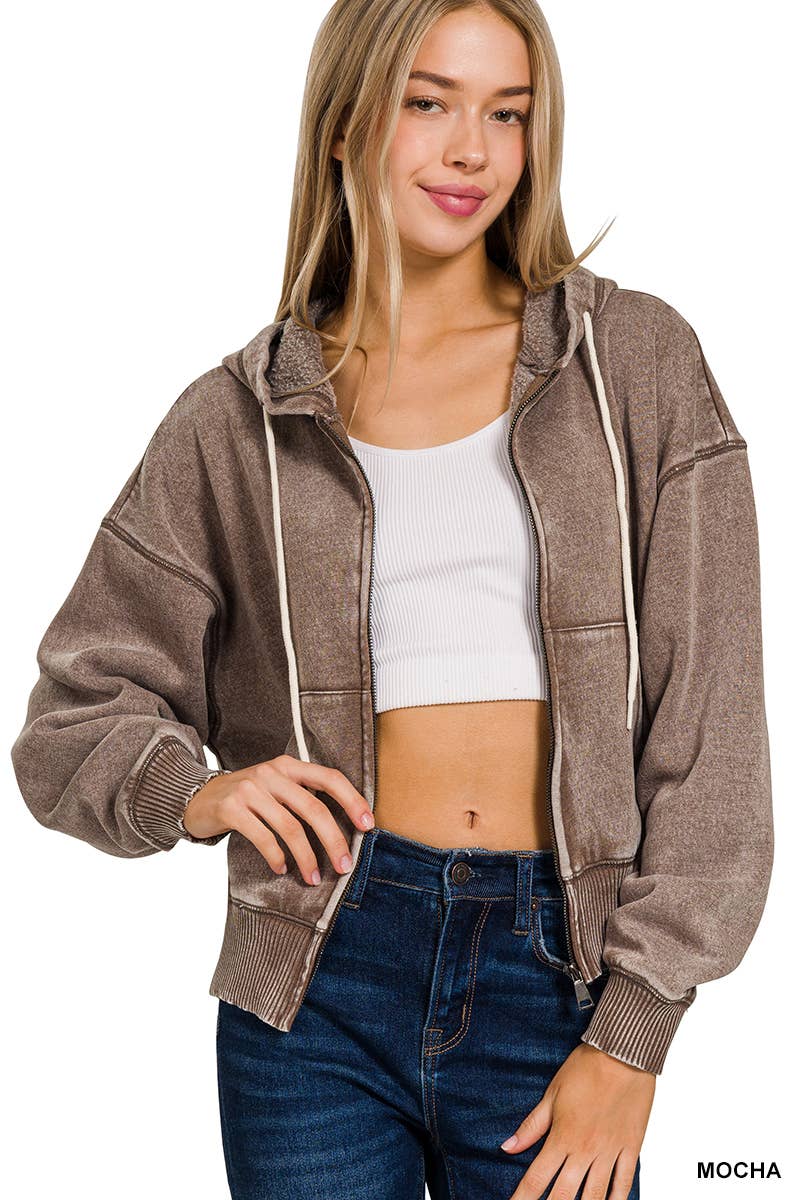 Acid Wash Fleece Cropped Zip-up Hoodie W Pockets: 2-2-2 (S-M-L) / LT OLIVE