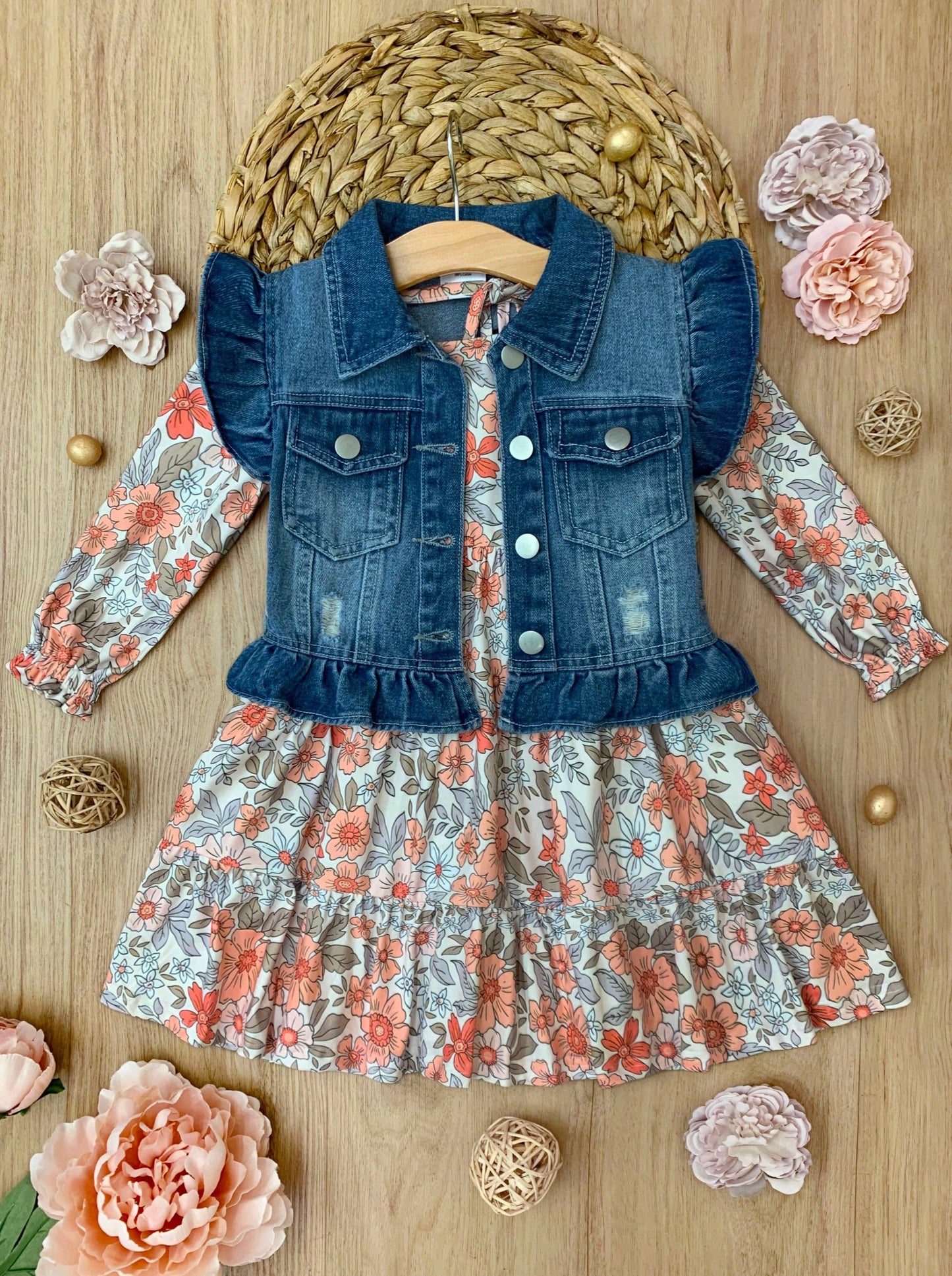Mia Belle Girls • Wholesale - Long Sleeve Floral Dress w/ Ruffle Denim Vest & Set
