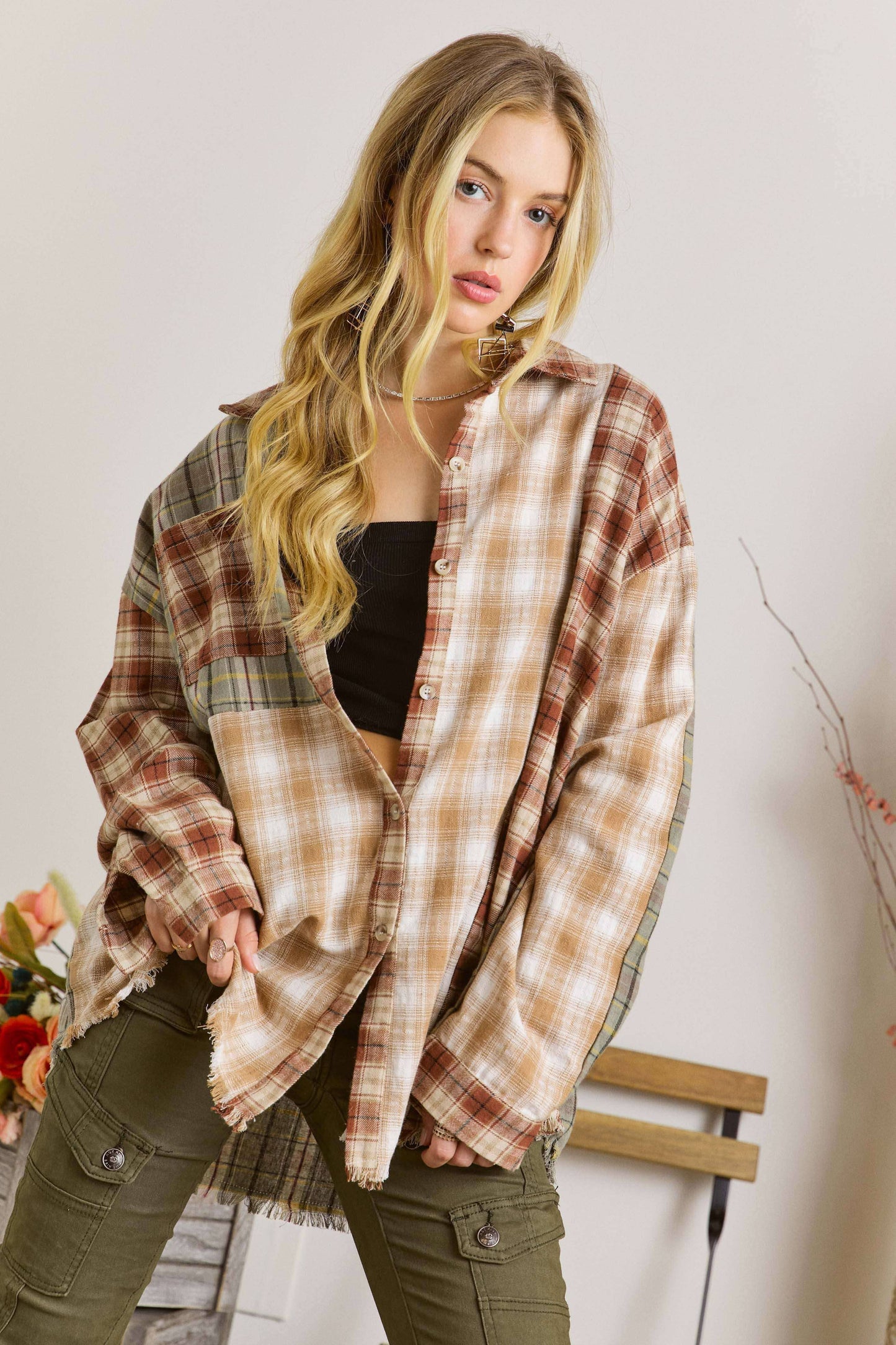 ADORA LA - CET2657 - FRAYED EDGE BOHEMIAN PLAID SHIRT