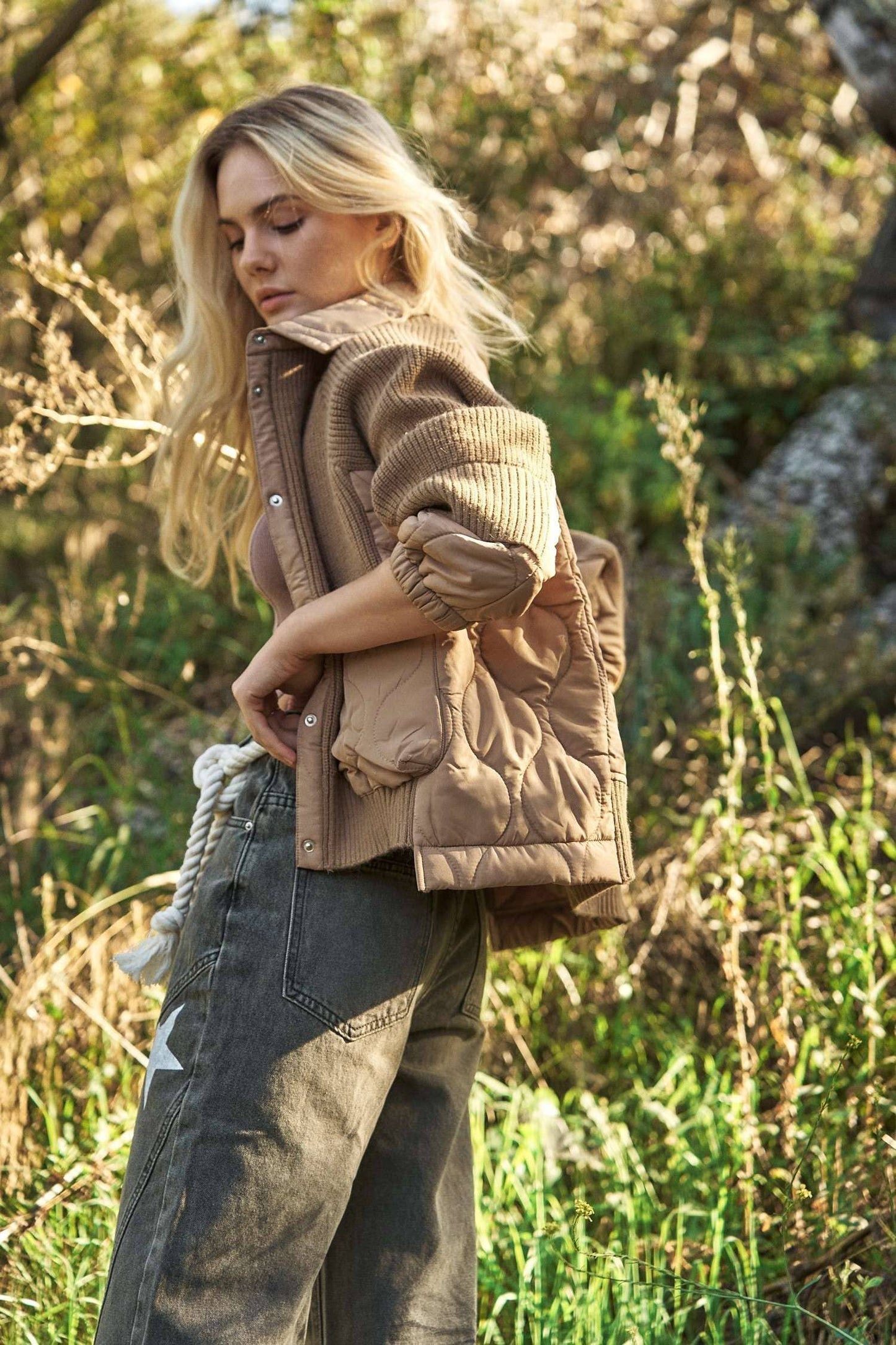 Mello. - Ribbed Sweater Jacket with Quilted Detail.