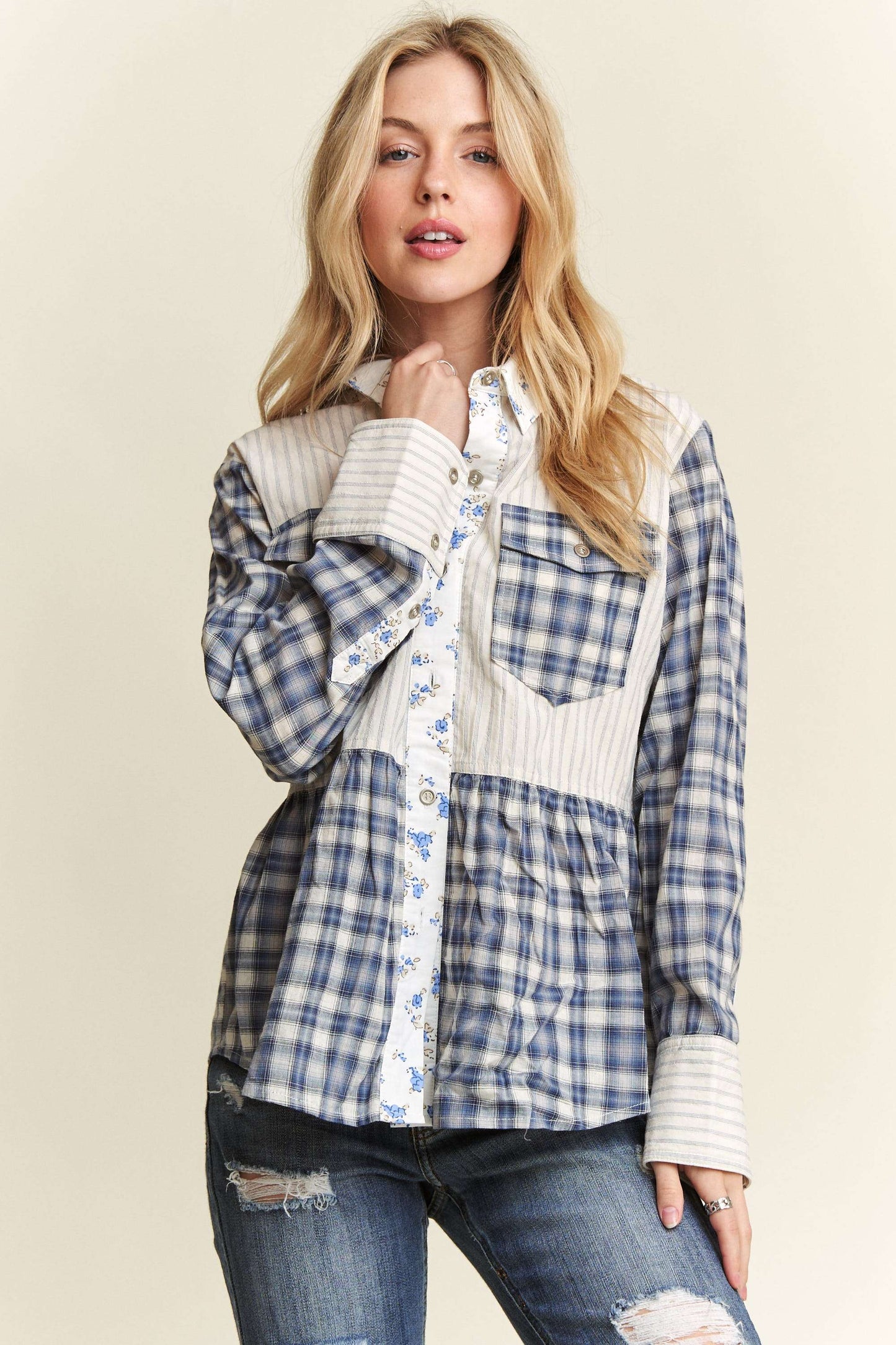 ADORA LA - BUTTON DOWN FABRIC MIX BABYDOLL SHIRT