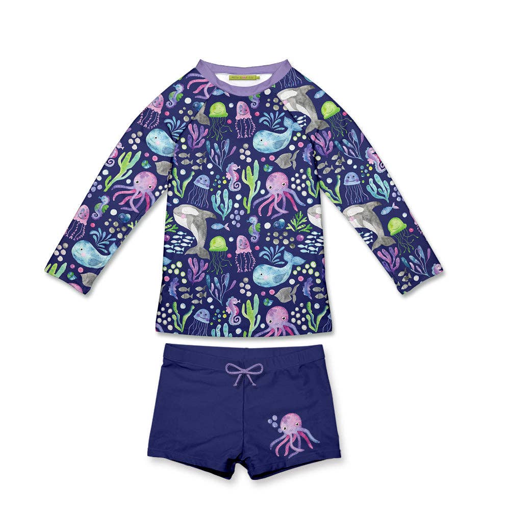 Millie Loves Lily - Girls Swim Navy Octopus Sea Long-Sleeve Rashguard Set