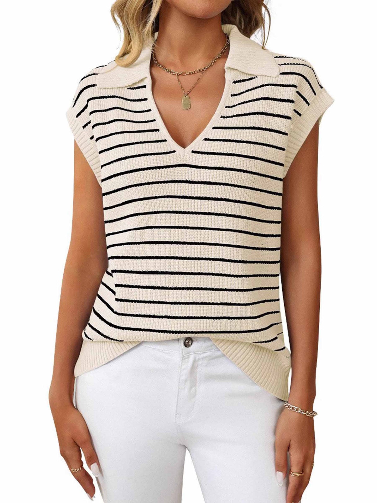 Wholesalesir - V-neck Knitted Striped Lapel Top