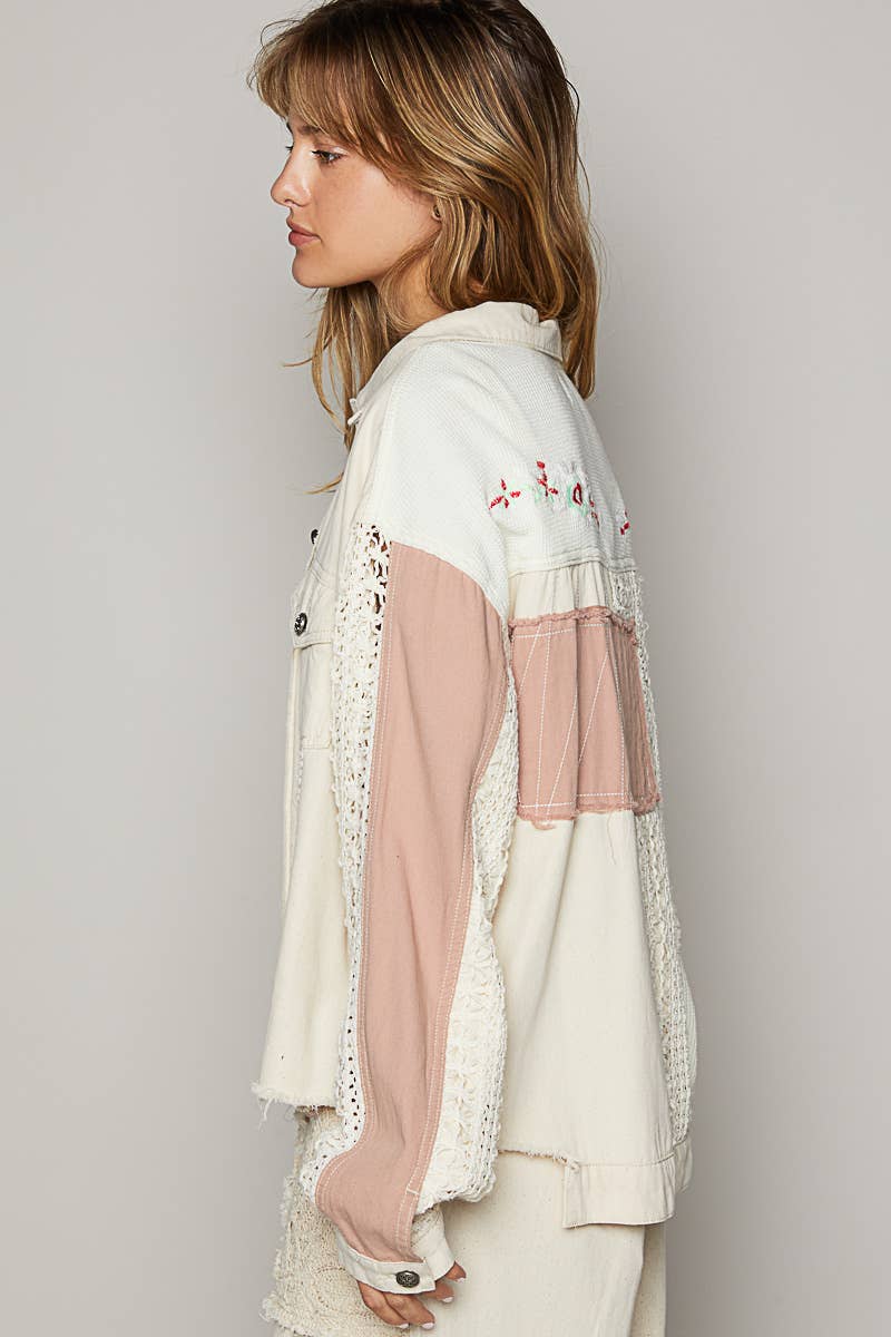 Pol Clothing - Oversize long sleeve crochet embroidery shacket