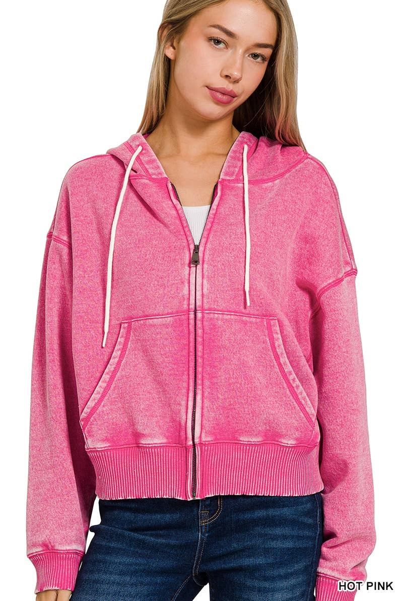 Acid Wash Fleece Cropped Zip-up Hoodie W Pockets: 2-2-2 (S-M-L) / LT OLIVE