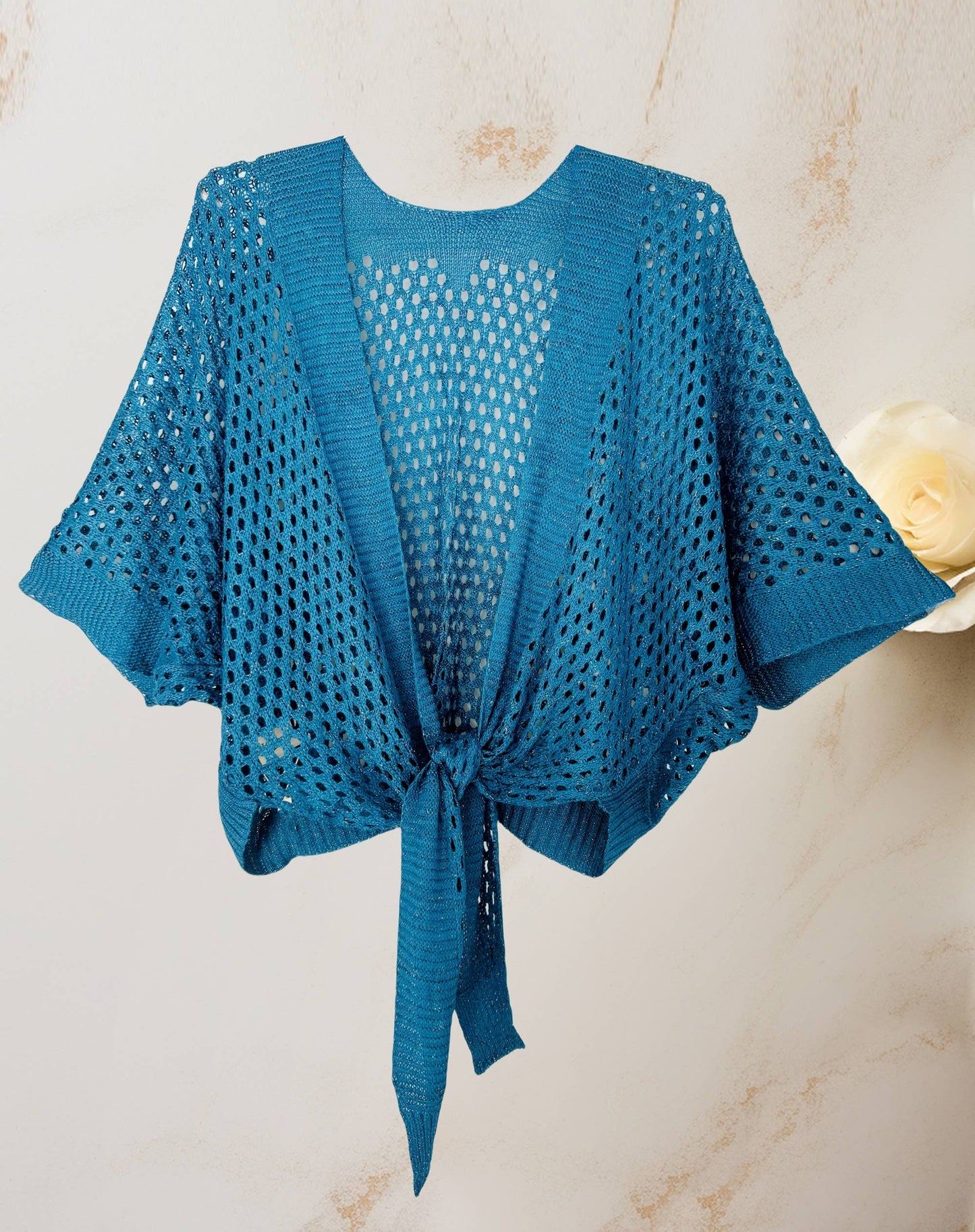 JC Sunny Fashion - JC063344 Eyelet Open-Knit Metallic Cardigan with Front Tie