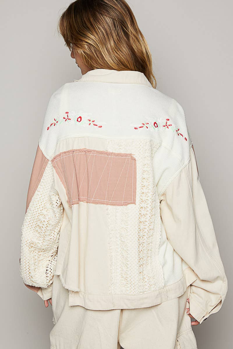 Pol Clothing - Oversize long sleeve crochet embroidery shacket