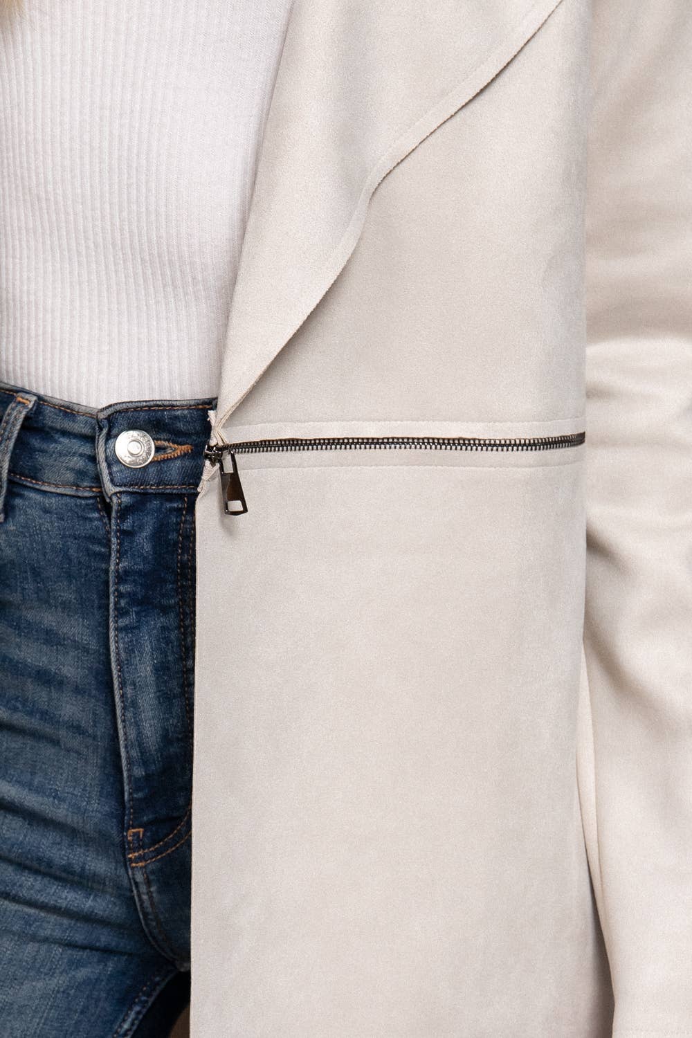 Active Basic | Active USA - Long Sleeve Front Two Zipper Detail Faux Suede Long Jacket