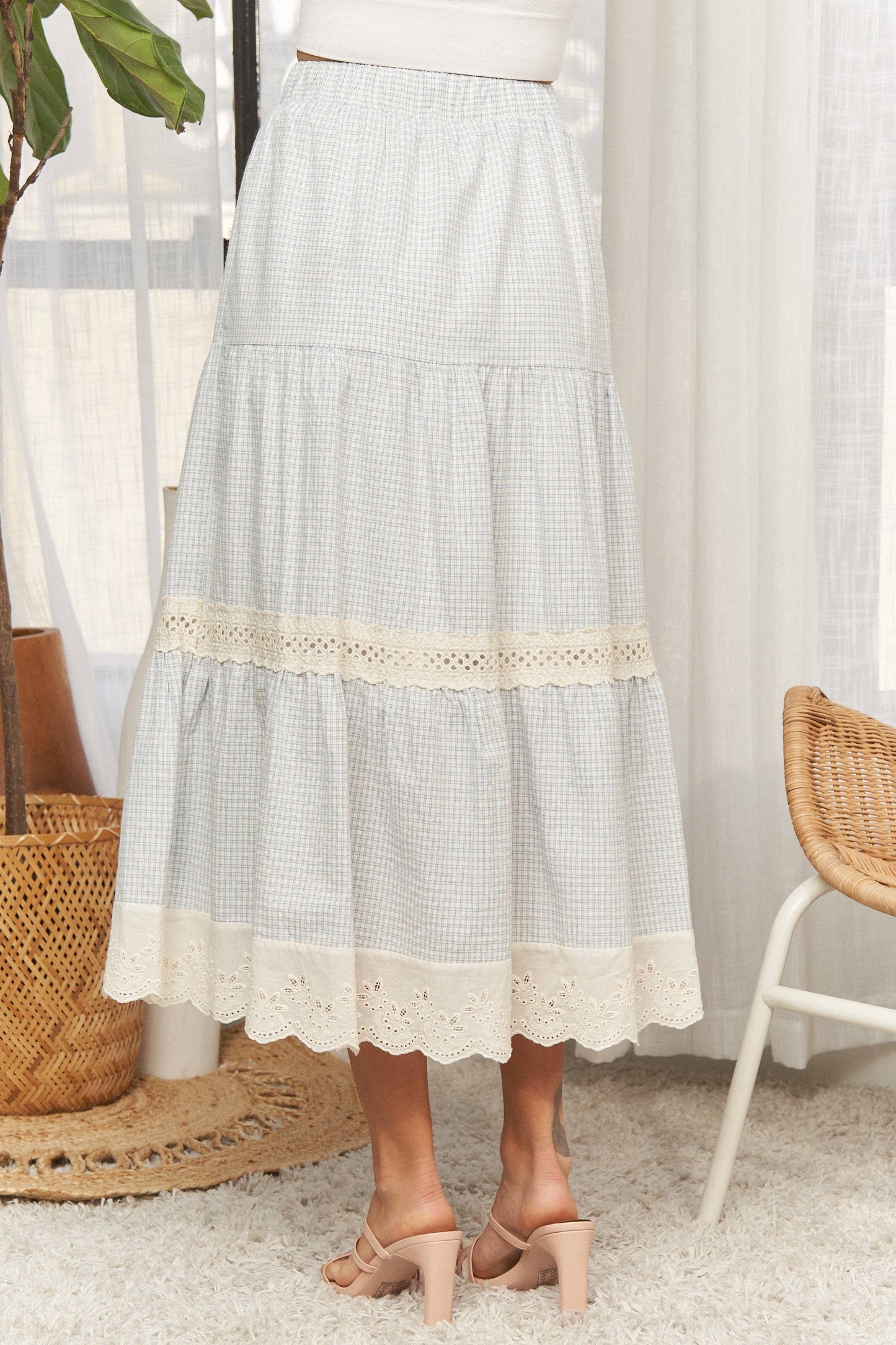 ADORA LA - CES4088 -GINGHAM TIERED MIDI SKIRT LACE TRIM