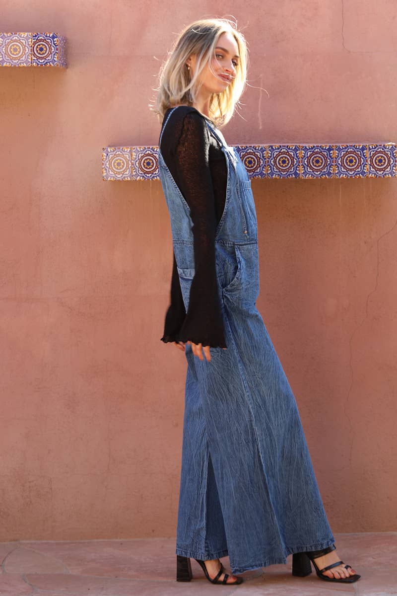 ANGIE - B5A51-ASIS DENIM FLARE LEG OVERALLS JUMPSUIT
