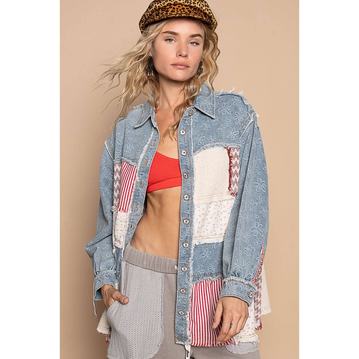 Pol Clothing - Oversize balloon sleeve mix fabrication jacket