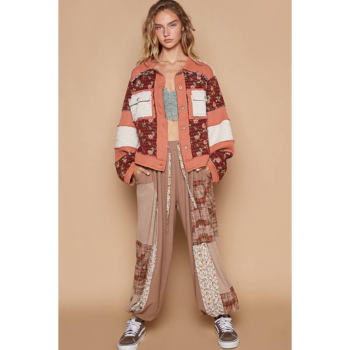Pol Clothing - Vintage washed jacquard color block jacket