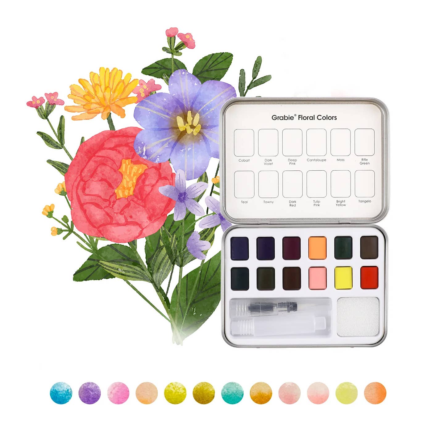 Grabie - Watercolor Pocket Set Of 12 With Brush - Floral Colors