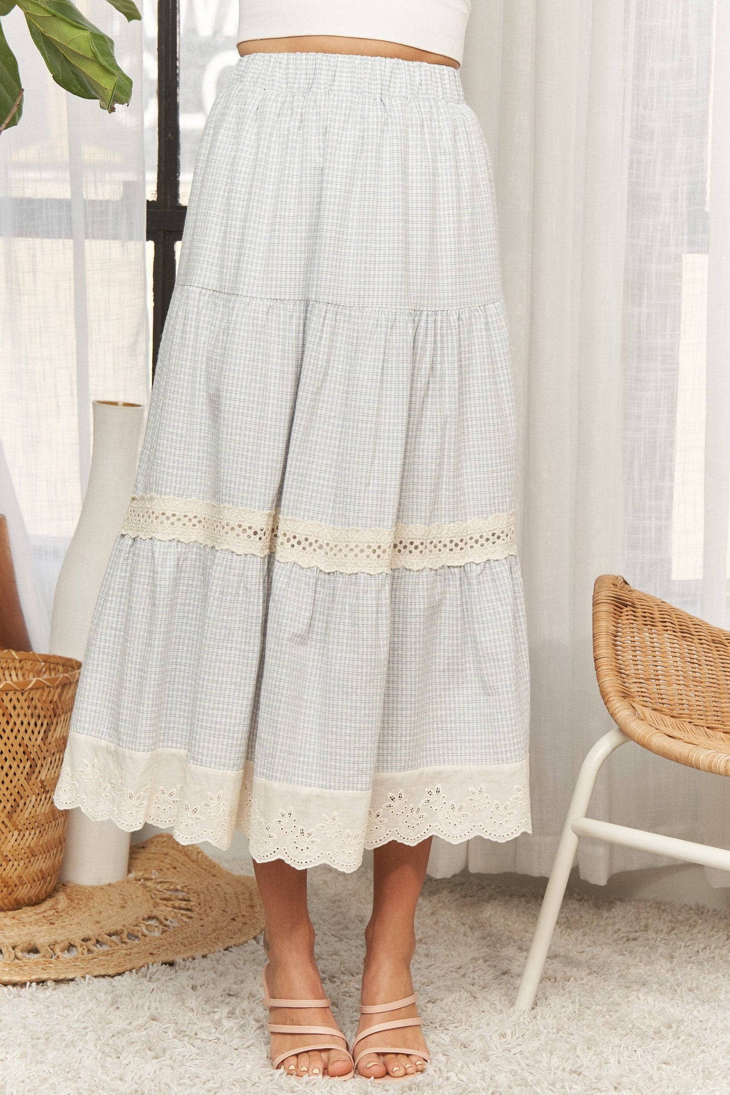 ADORA LA - CES4088 -GINGHAM TIERED MIDI SKIRT LACE TRIM