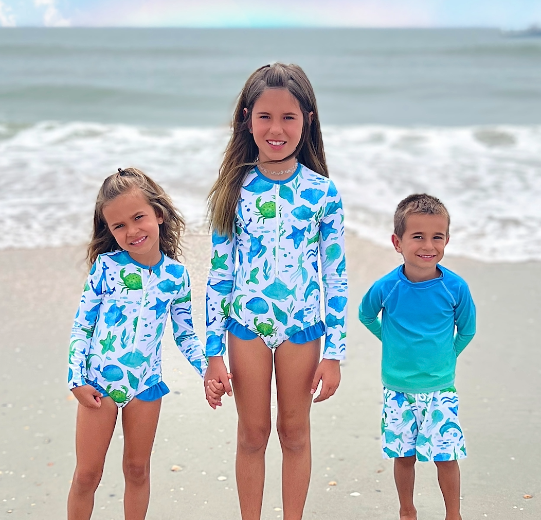 Millie Loves Lily - White WatercolorSea Long-Sleeve Rashguard Set