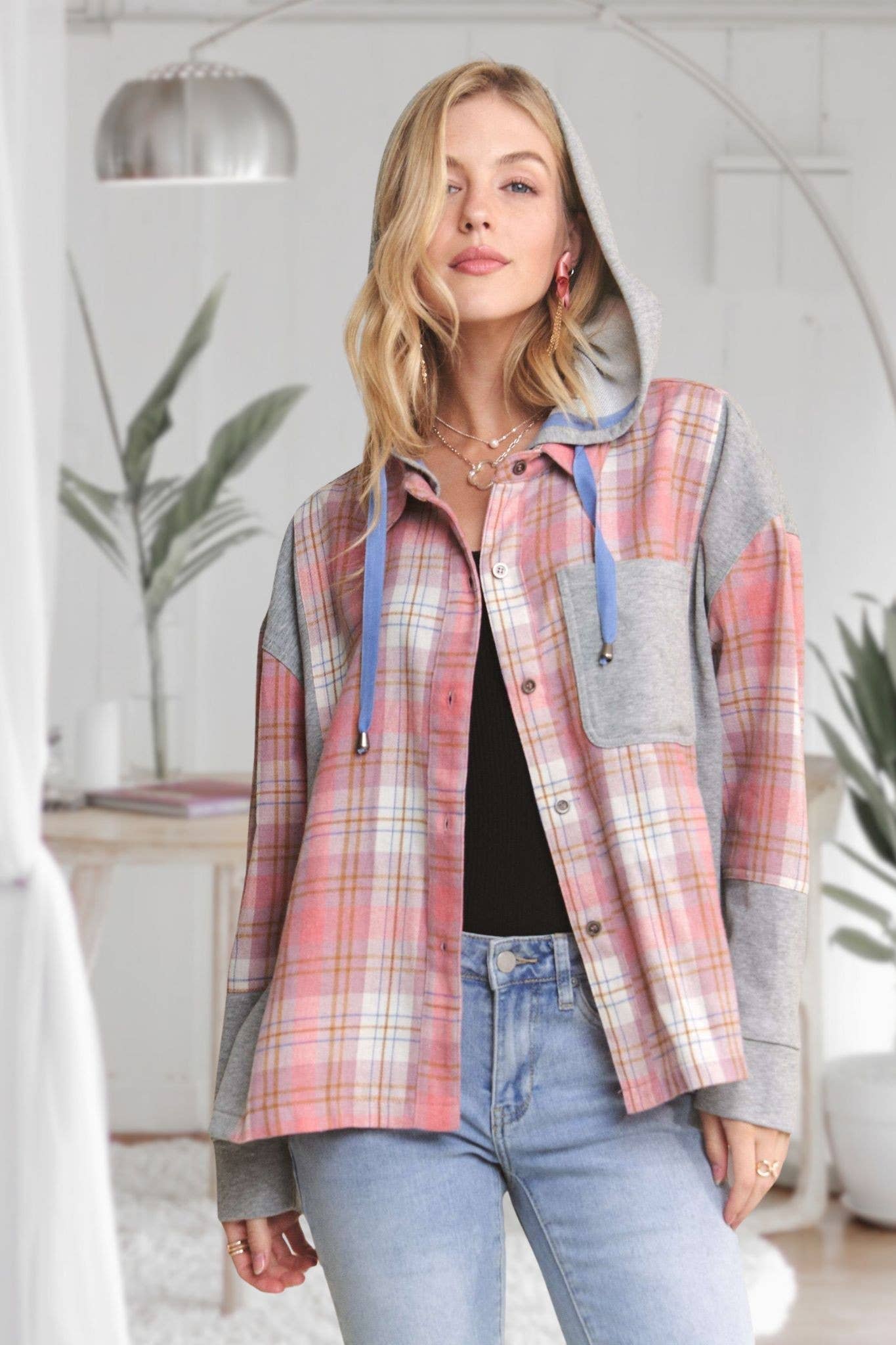 ADORA LA - CEJ3671WN - BUTTON DOWN PLAID HOODIE SHACKET