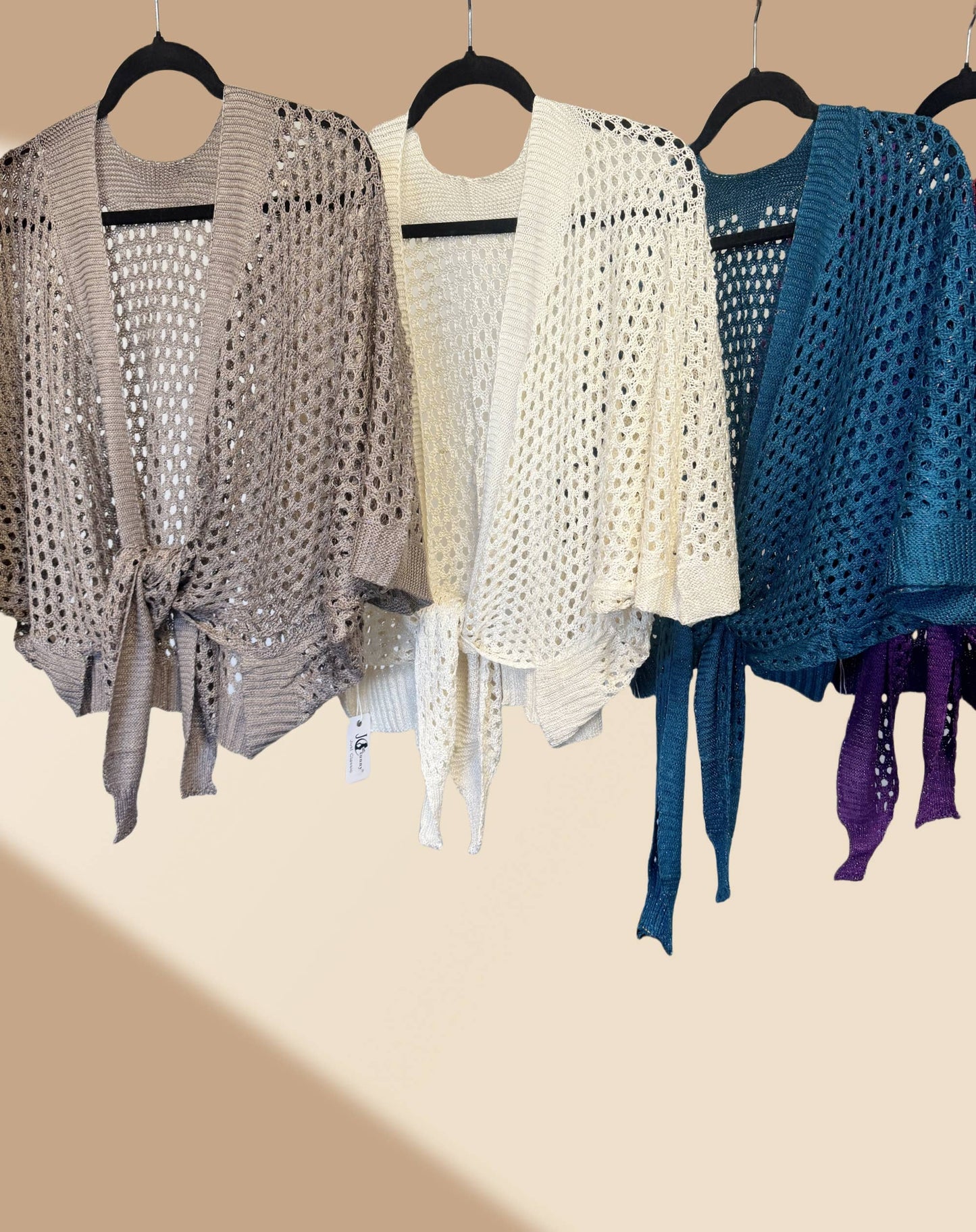 JC Sunny Fashion - JC063344 Eyelet Open-Knit Metallic Cardigan with Front Tie