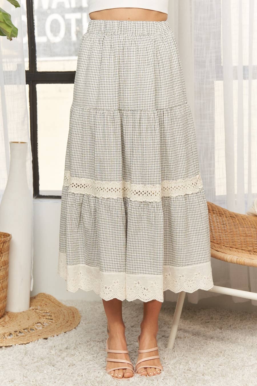 ADORA LA - CES4088 -GINGHAM TIERED MIDI SKIRT LACE TRIM