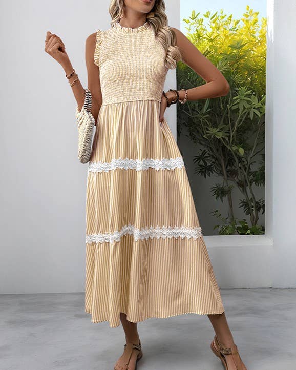 Rosa Clothing - Fashion Ruffled Round Neck Striped Lace Dress