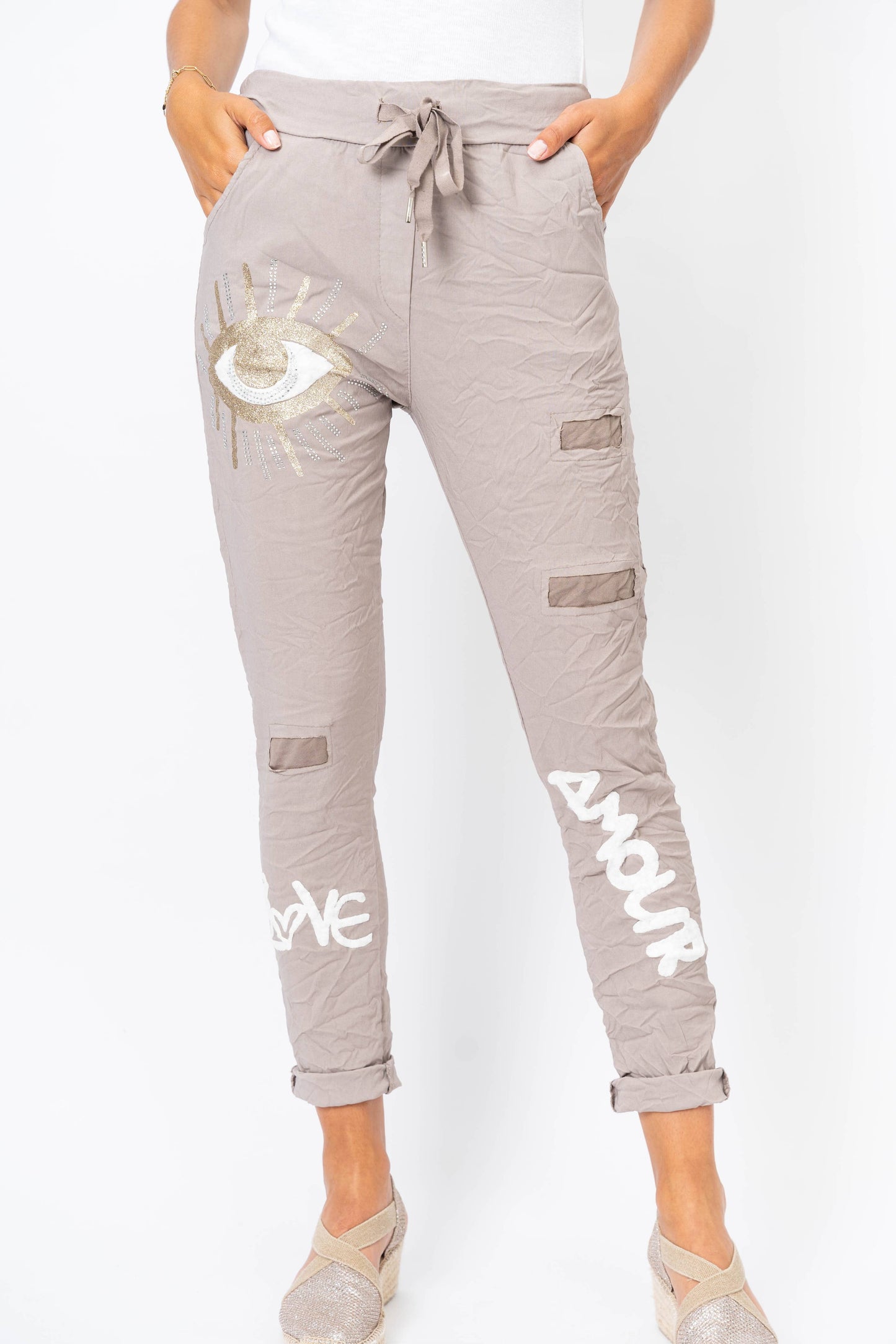 Look Mode Usa - Jegging pants with writing and Gold Eye