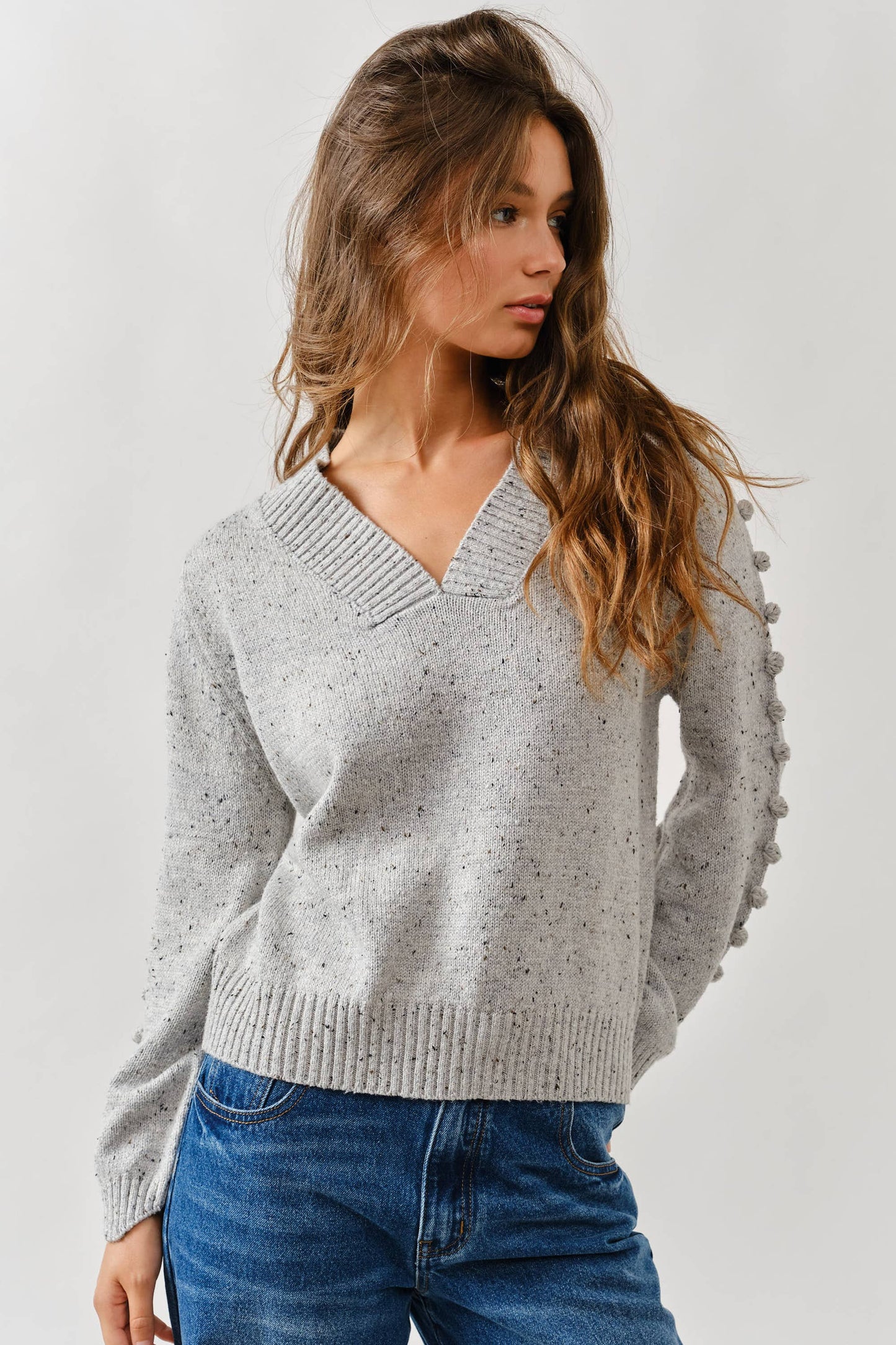 Aaron & Amber - MAS2843 POMPOM LONG SLEEVES V NECK SWEATER