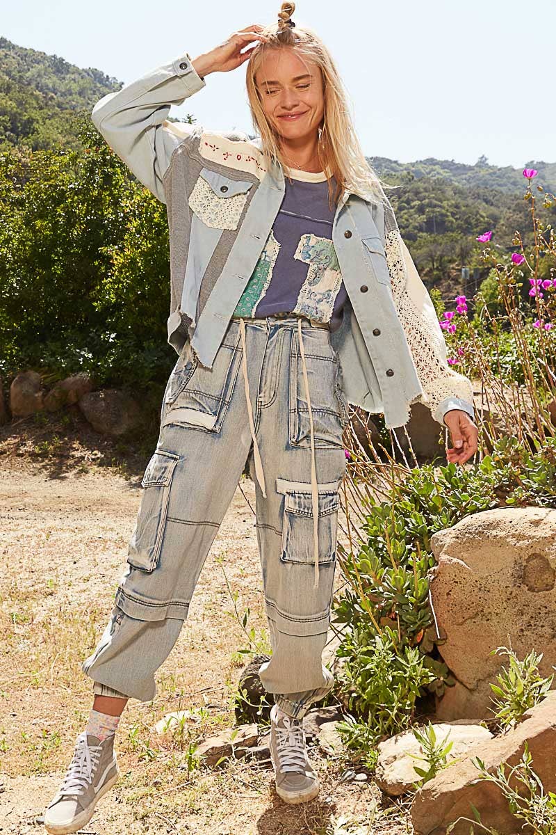 Pol Clothing - Oversize long sleeve crochet embroidery shacket