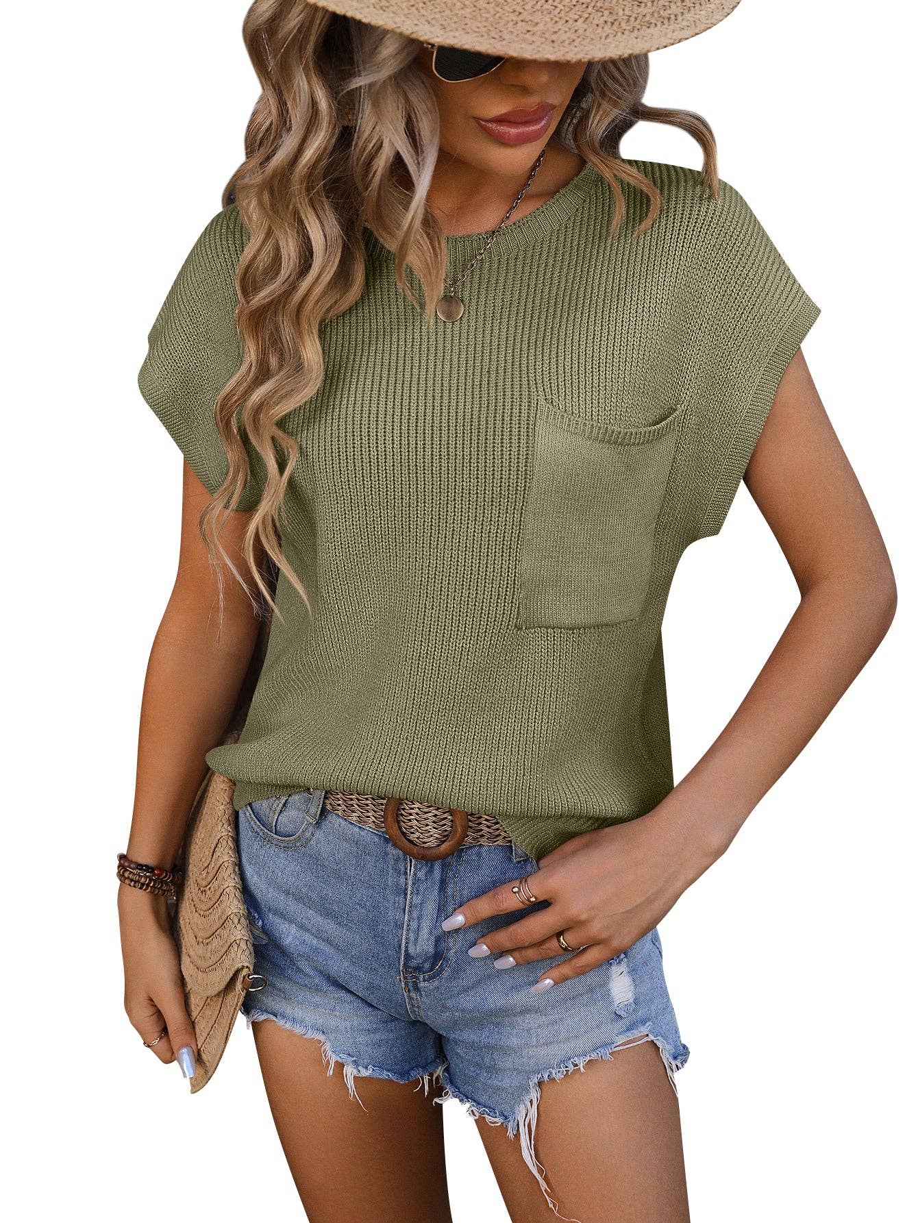 Lovesoft - Crewneck Pocket Trim Top Short-sleeved Sweater