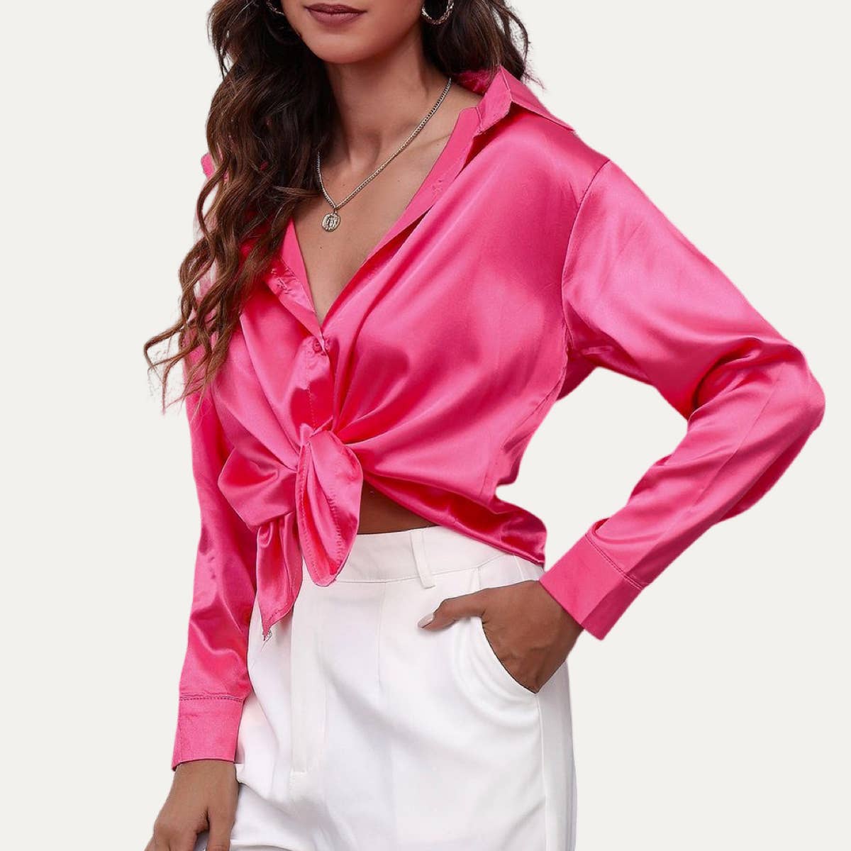 Easily Chic Solid Long Sleeve Button-Up Satin Shirt: BROWN / S