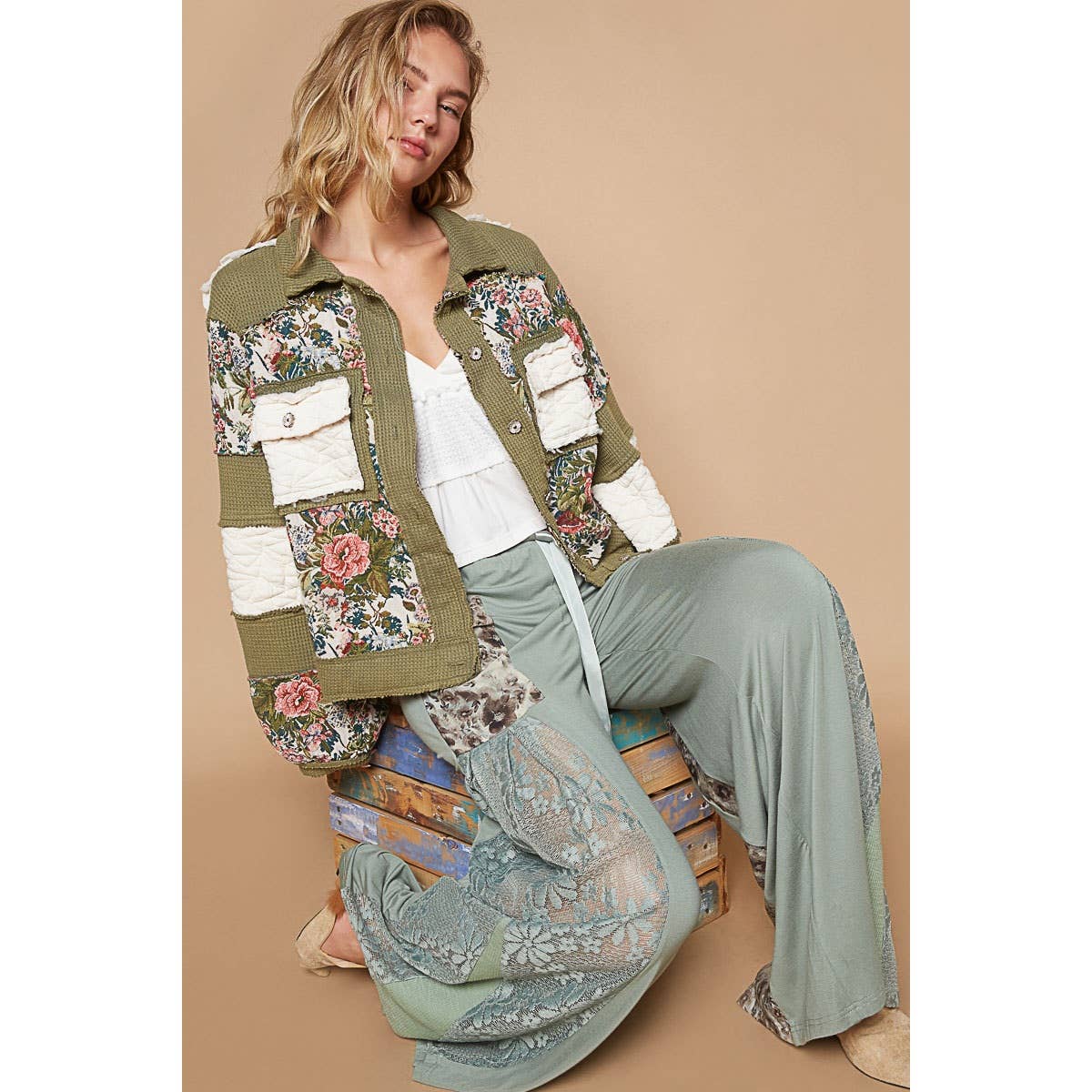 Pol Clothing - Vintage washed jacquard color block jacket