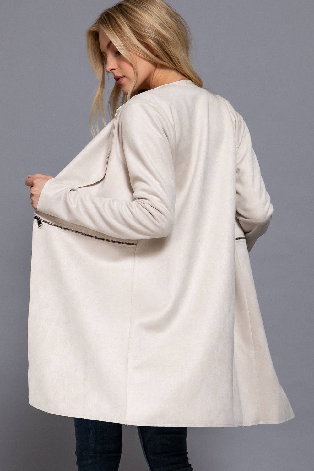 Active Basic | Active USA - Long Sleeve Front Two Zipper Detail Faux Suede Long Jacket