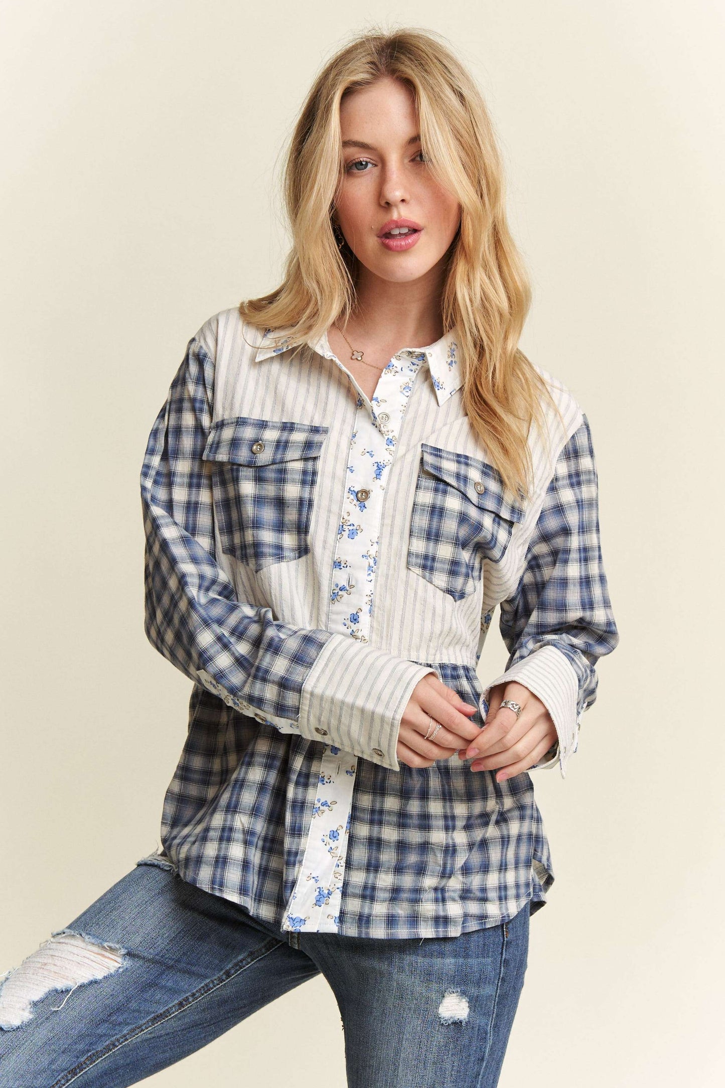 ADORA LA - BUTTON DOWN FABRIC MIX BABYDOLL SHIRT