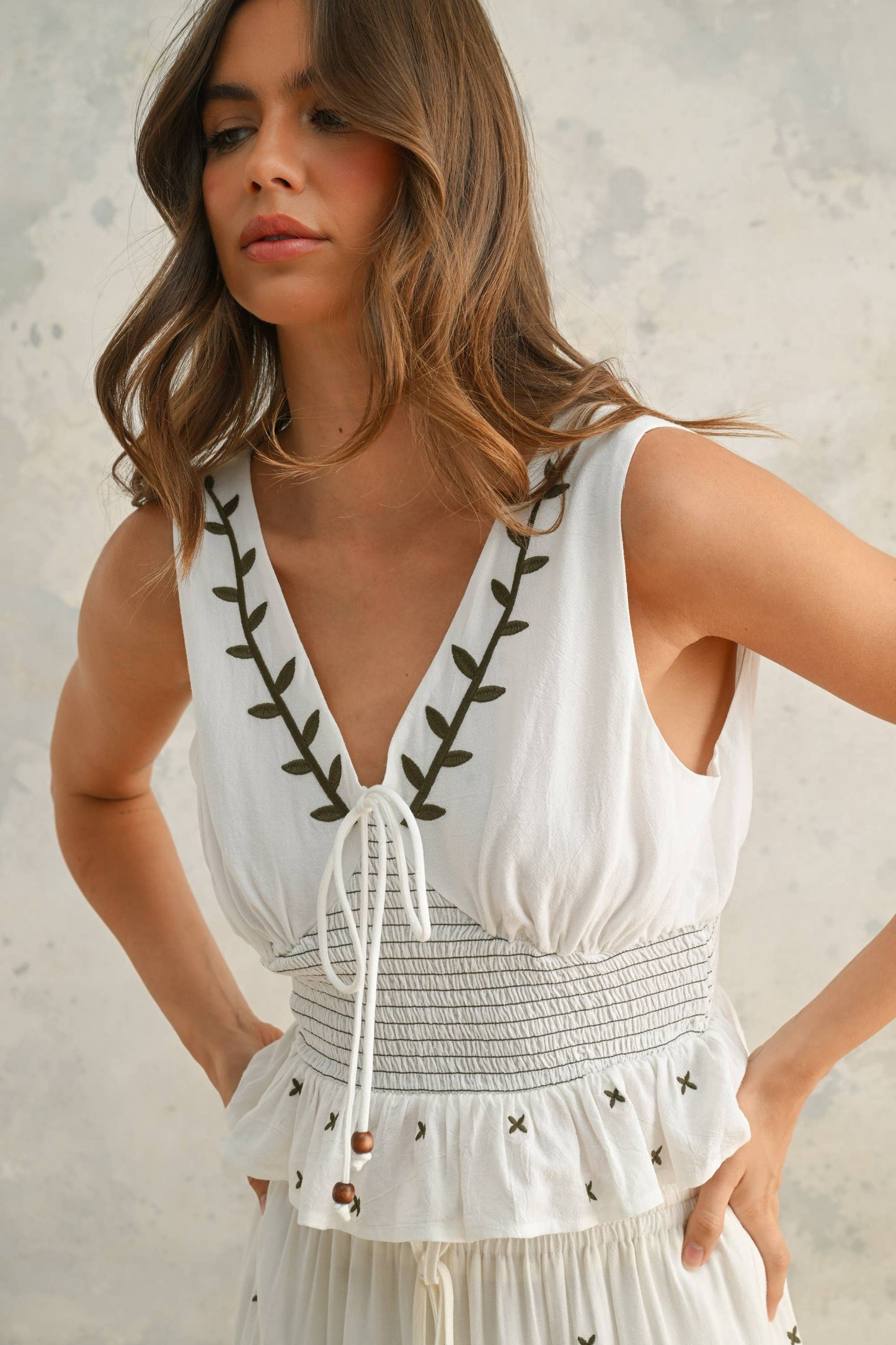 MIOU MUSE - T4684ST EMBROIDERY SMOCKING WAIST V-NECK TOP