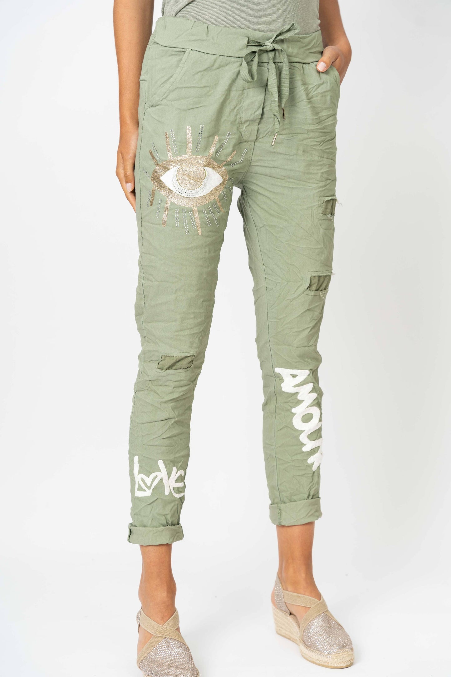 Look Mode Usa - Jegging pants with writing and Gold Eye