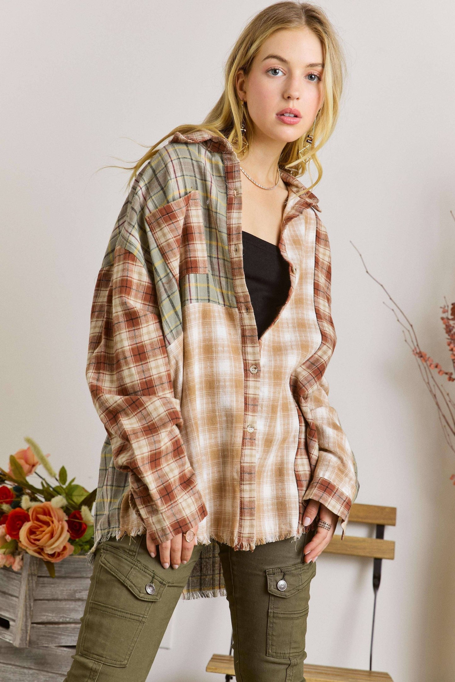ADORA LA - CET2657 - FRAYED EDGE BOHEMIAN PLAID SHIRT