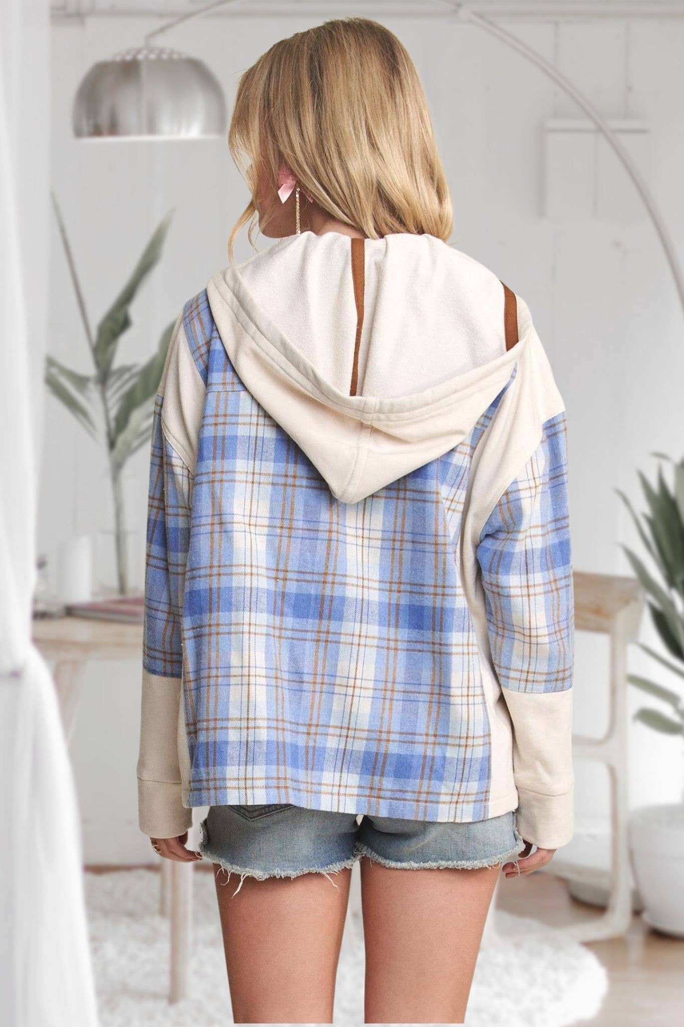 ADORA LA - CEJ3671WN - BUTTON DOWN PLAID HOODIE SHACKET
