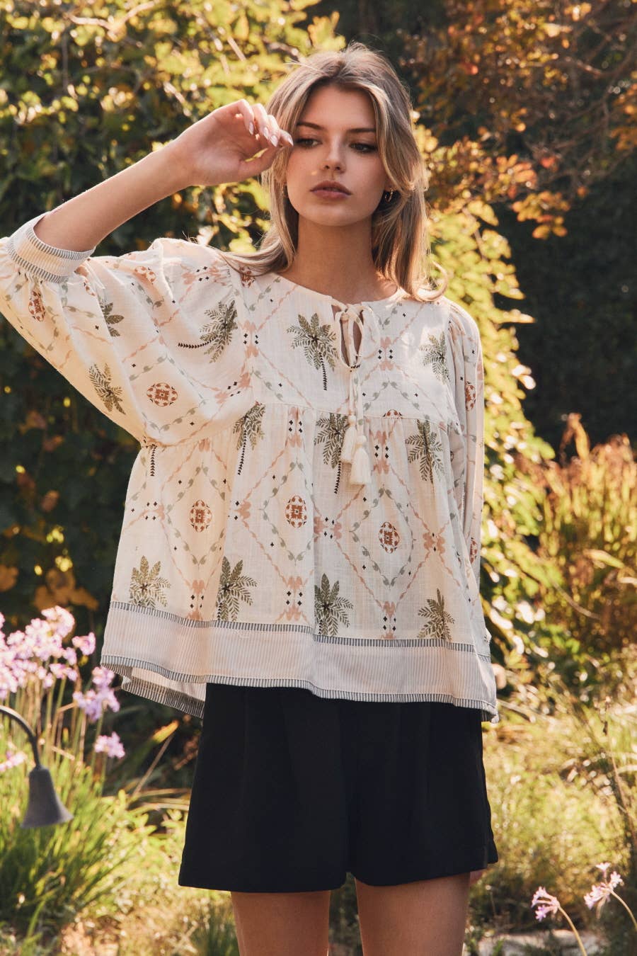 Oddi - Tropical Printed Woven Peasant Blouse