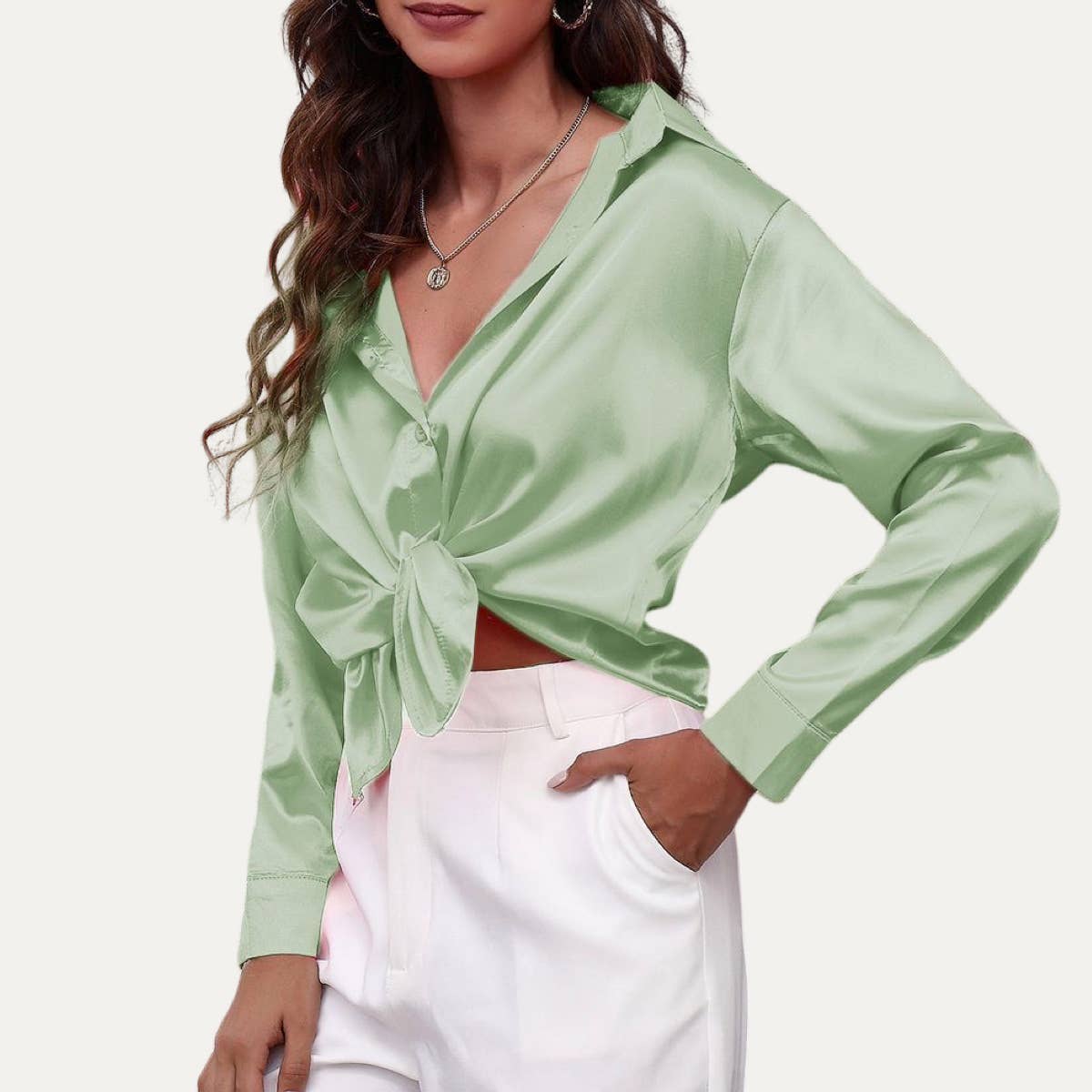 Easily Chic Solid Long Sleeve Button-Up Satin Shirt: BROWN / S