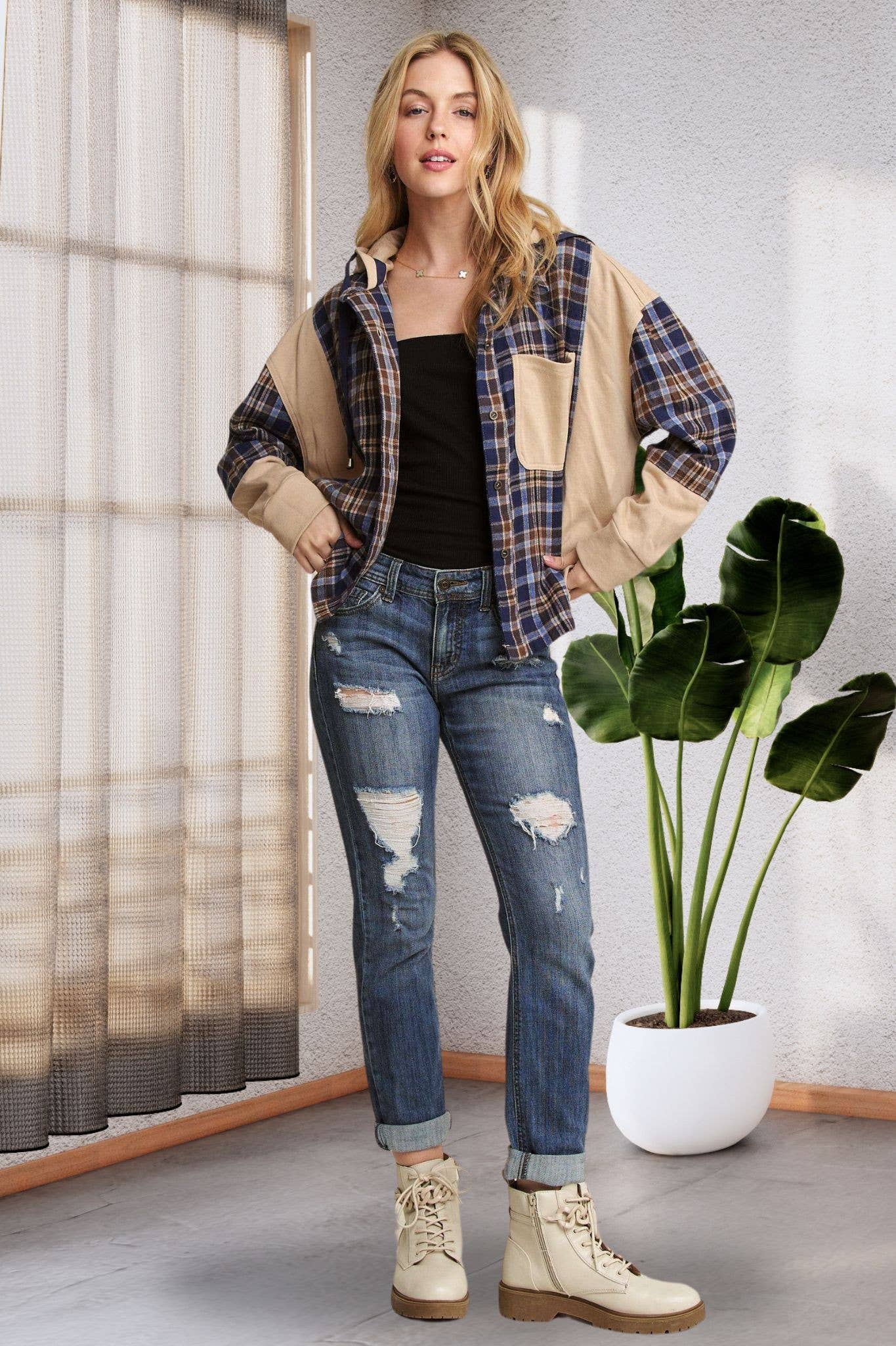 ADORA LA - CEJ3685WN - BUTTON DOWN PLAID HOODIE SHACKET