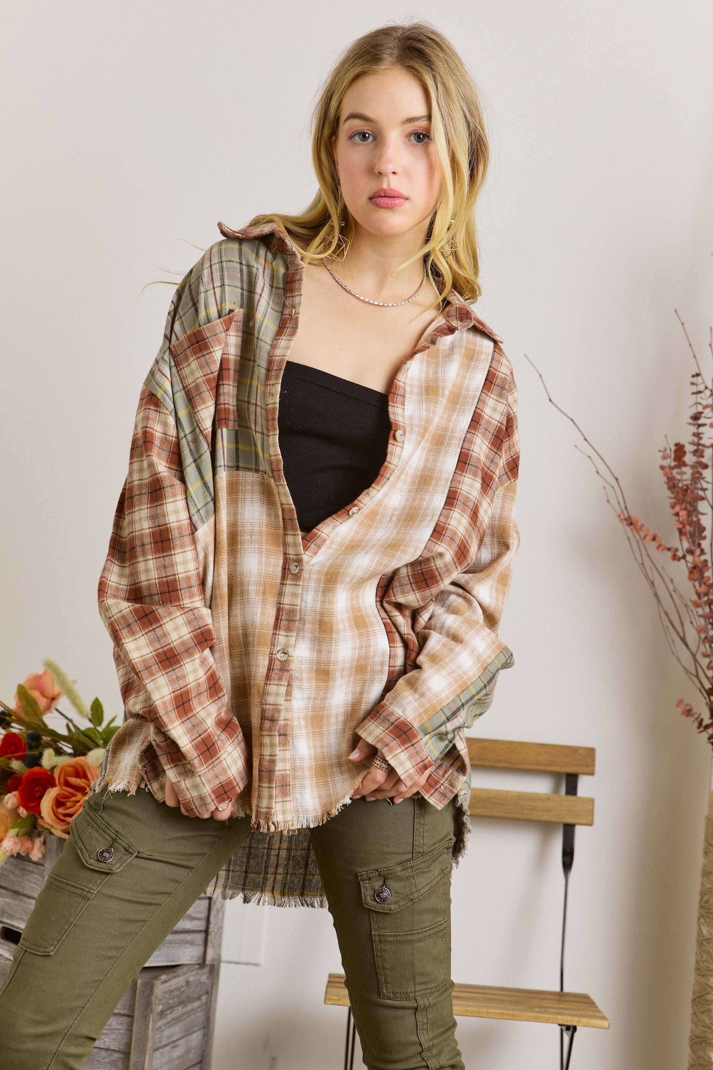 ADORA LA - CET2657 - FRAYED EDGE BOHEMIAN PLAID SHIRT