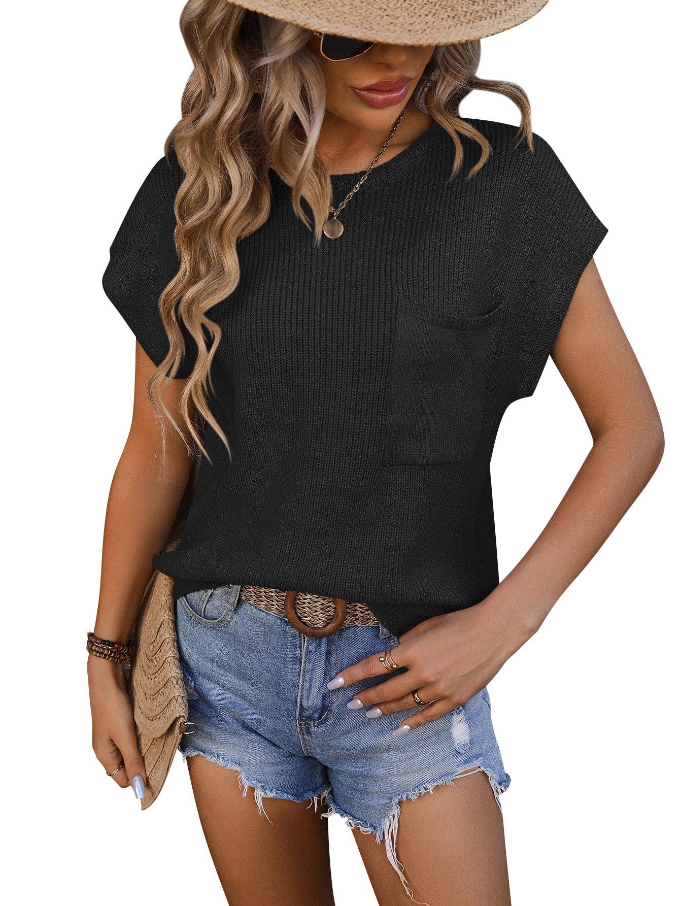 Lovesoft - Crewneck Pocket Trim Top Short-sleeved Sweater