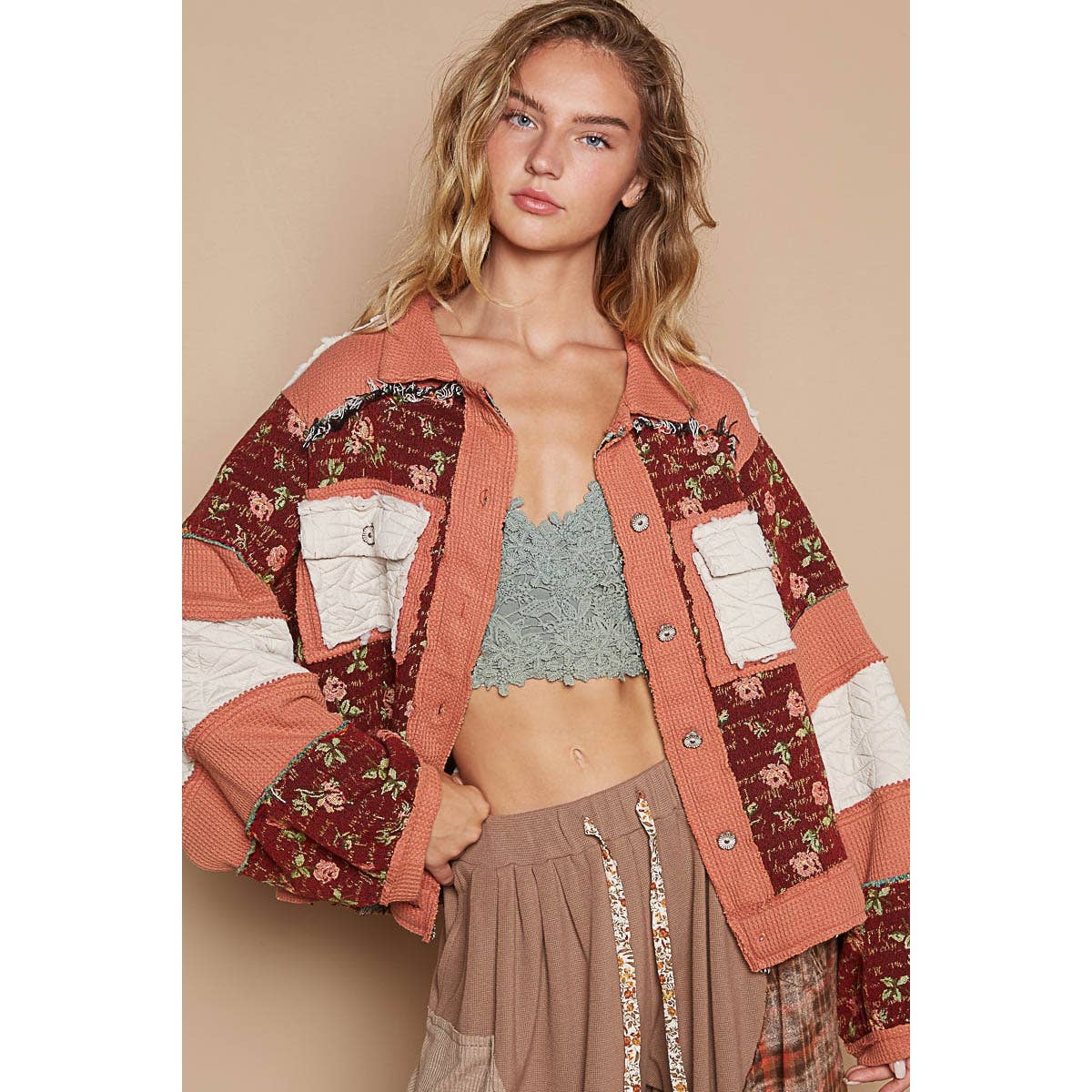 Pol Clothing - Vintage washed jacquard color block jacket