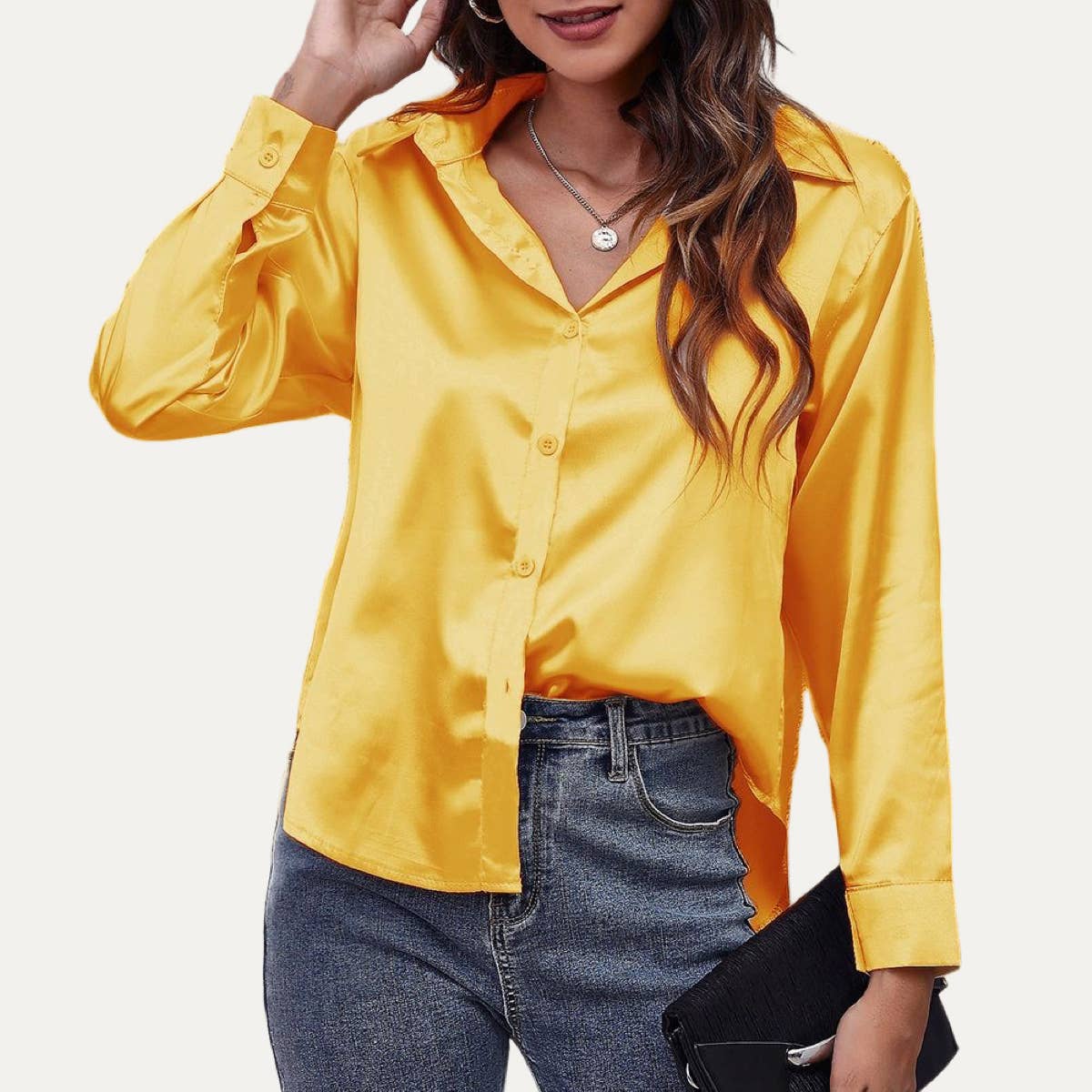 Easily Chic Solid Long Sleeve Button-Up Satin Shirt: BROWN / S