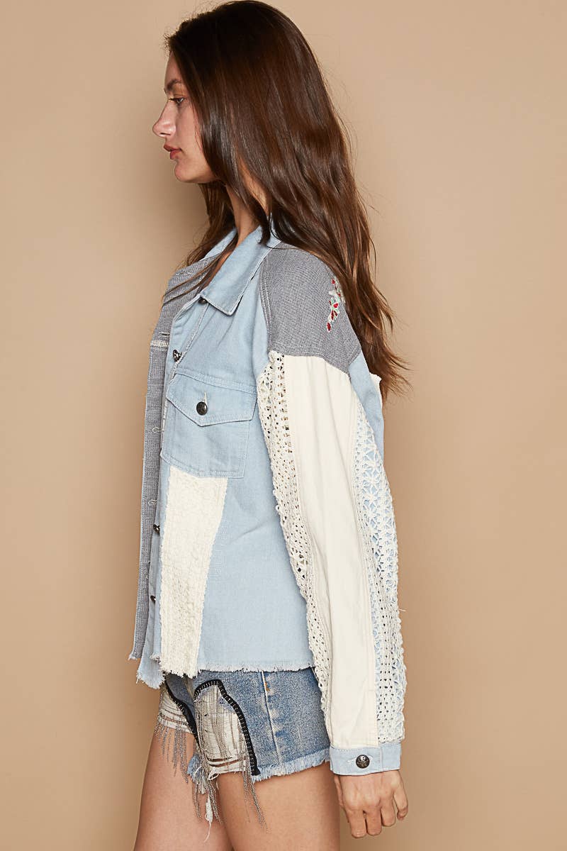 Pol Clothing - Oversize long sleeve crochet embroidery shacket