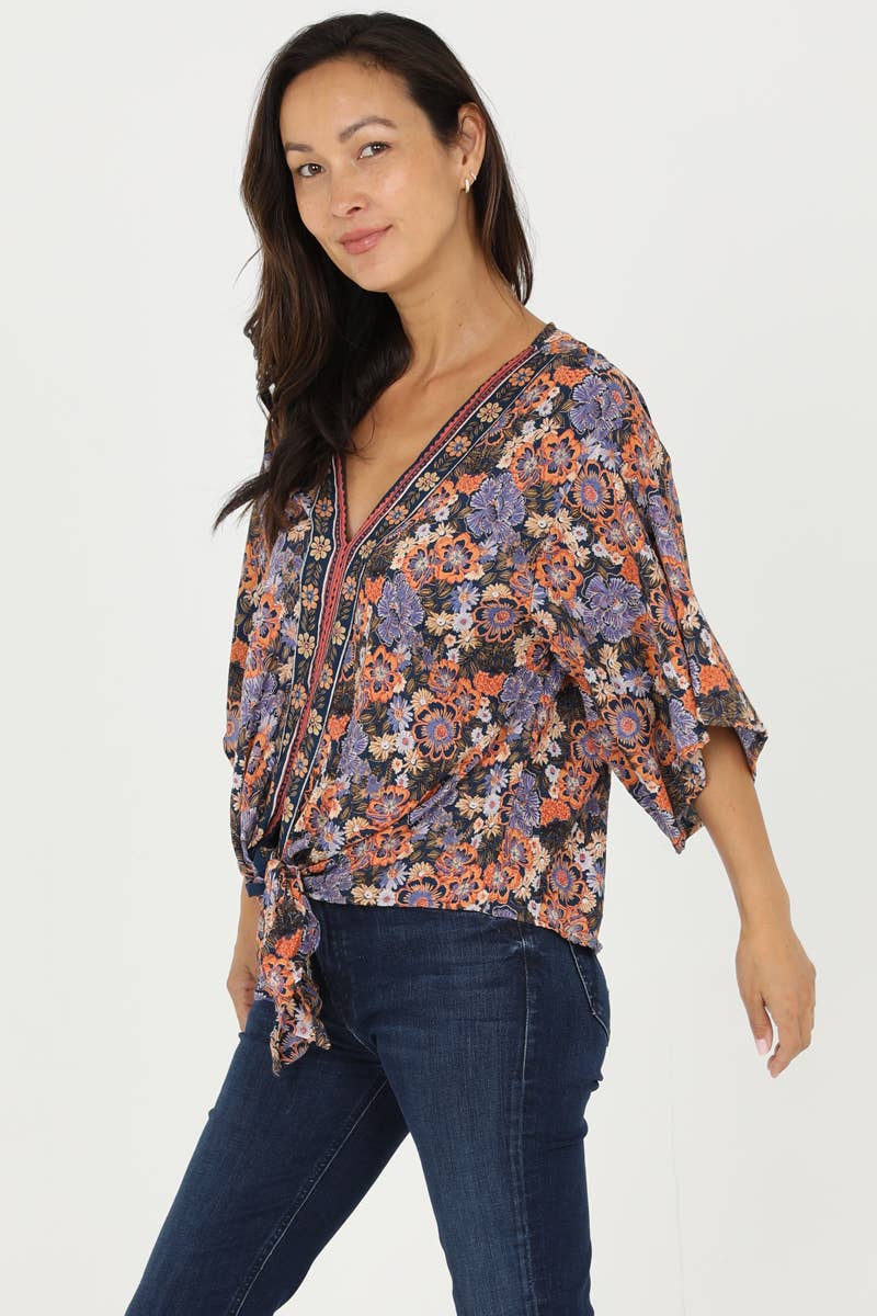 Nostalgia - N2Q81-FQ54 V NECK TIE WASIT KIMONO SLEEVE BLOUSE