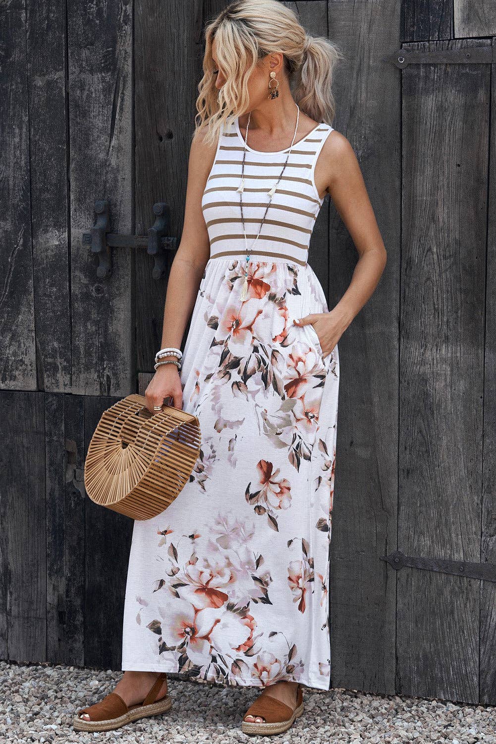 Lovesoft - White Striped Floral Print Sleeveless Maxi Dress with Pocket