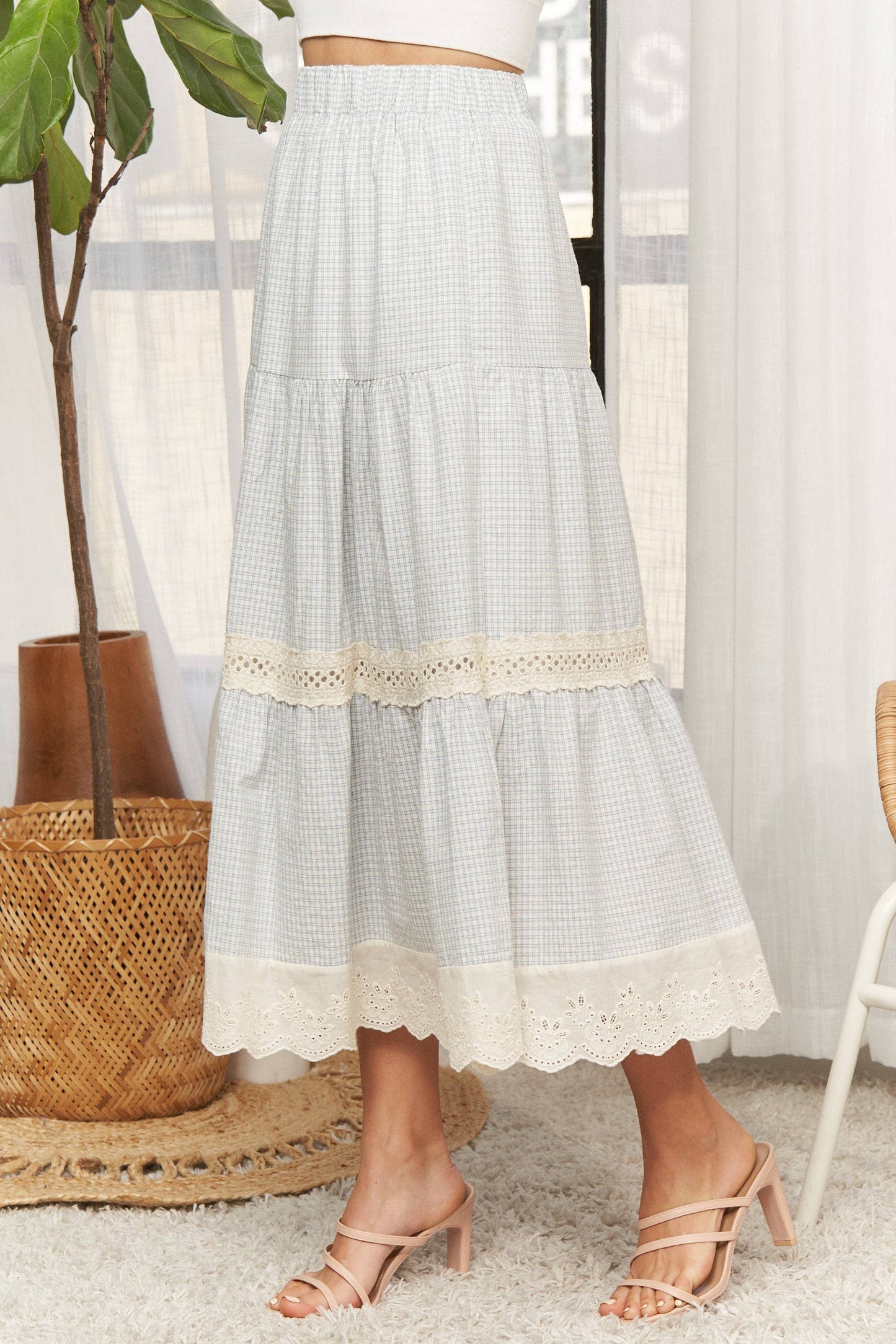 ADORA LA - CES4088 -GINGHAM TIERED MIDI SKIRT LACE TRIM
