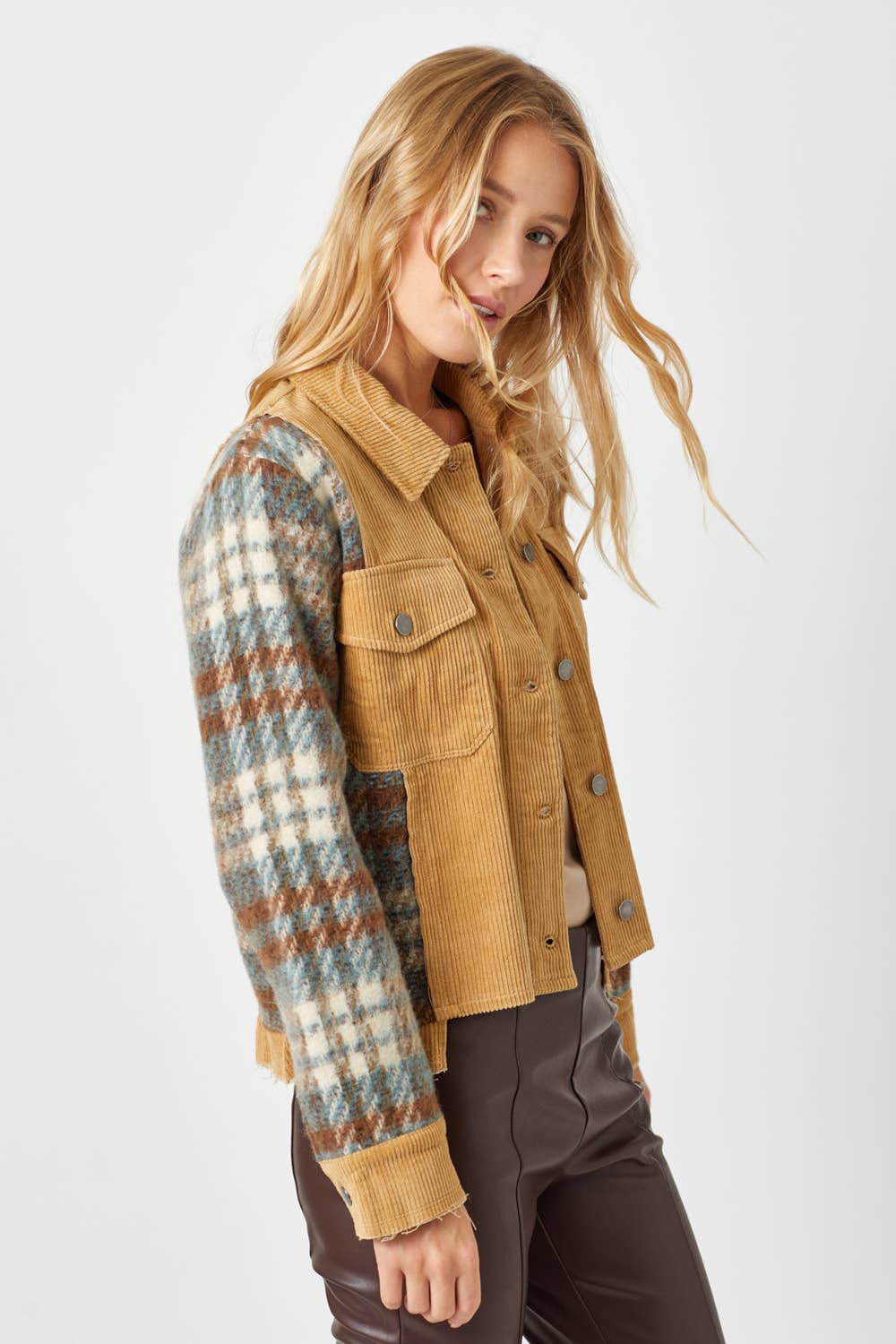 Mystree - 60213 Plaid Sleeve Corduroy Jacket