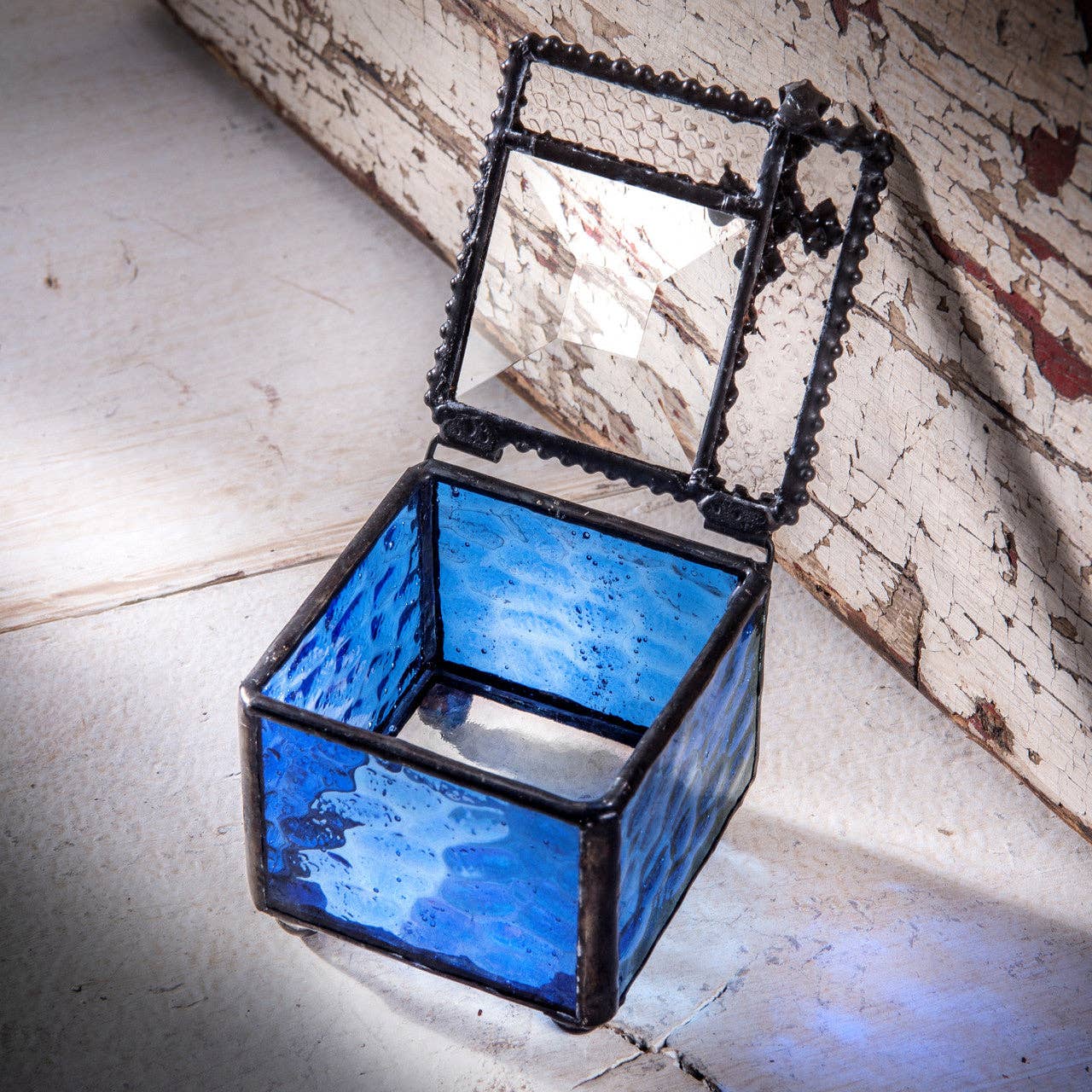 J Devlin Glass Art & Bert Anderson Collection - Blue Glass Jewelry Box with Filigree Cross | Faith Keepsake