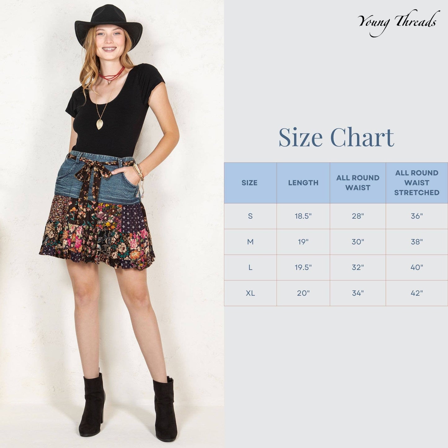 Young Threads - Mini Skirt In Denim With Rayon Prints With Pockets